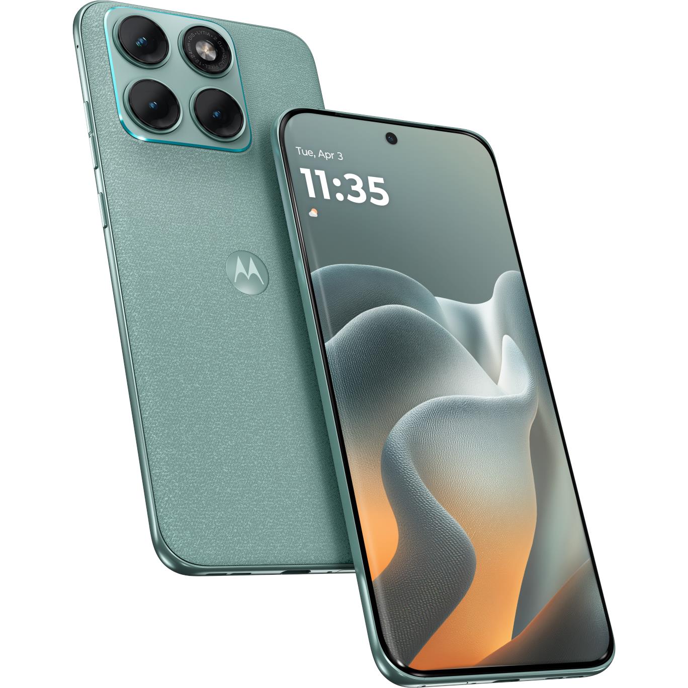 Blue smartphone showing front and back with quad camera module