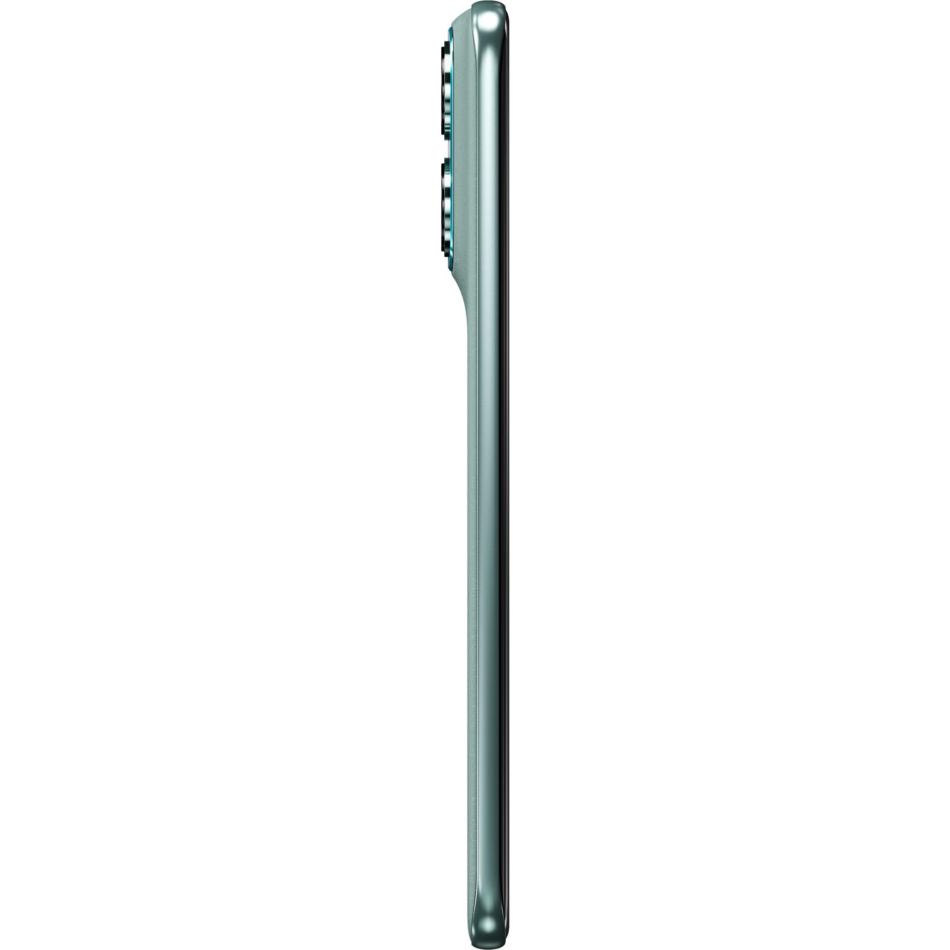 Blue smartphone with slim side profile, buttons and speaker grille visible.