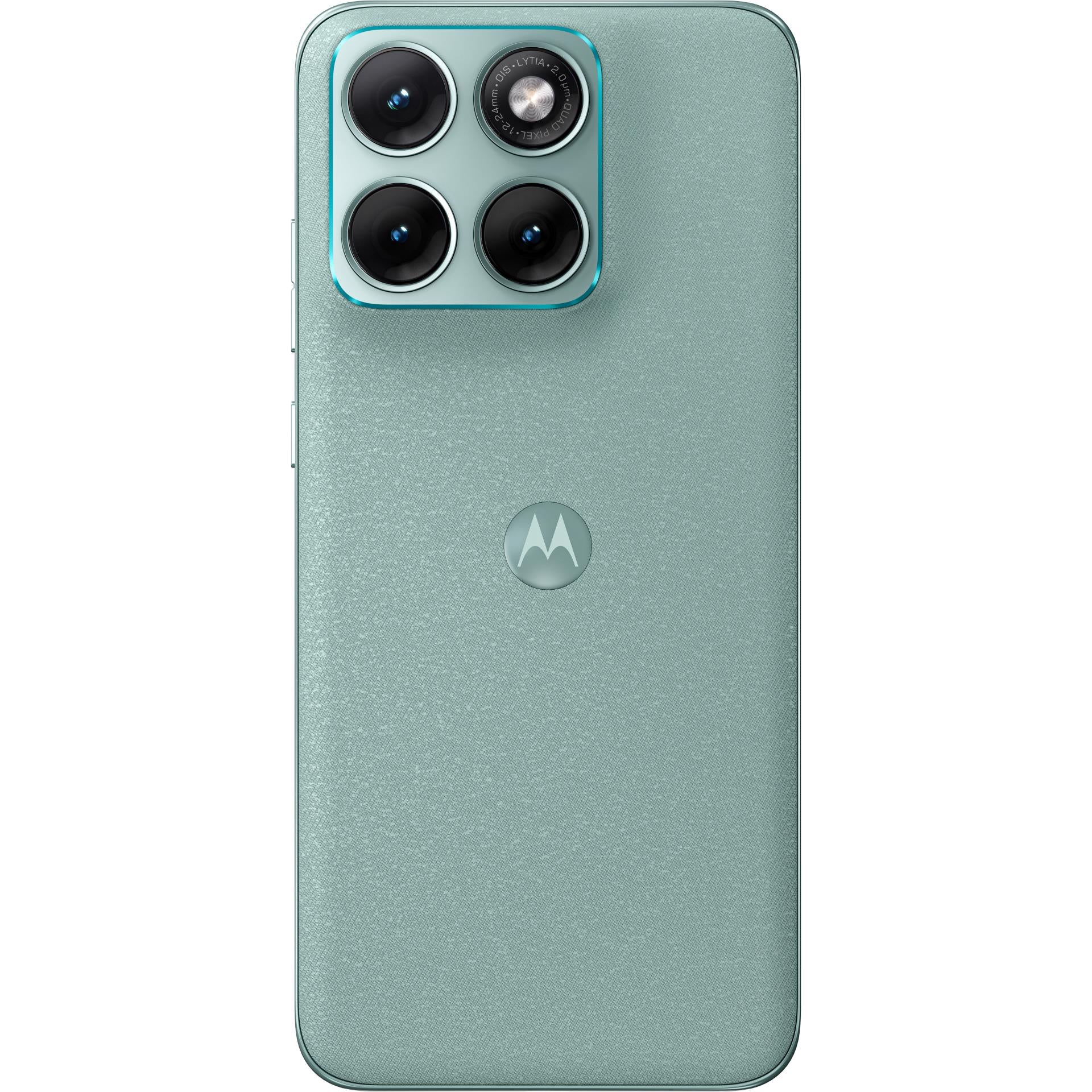 Blue smartphone back view with quad camera cluster and Motorola logo