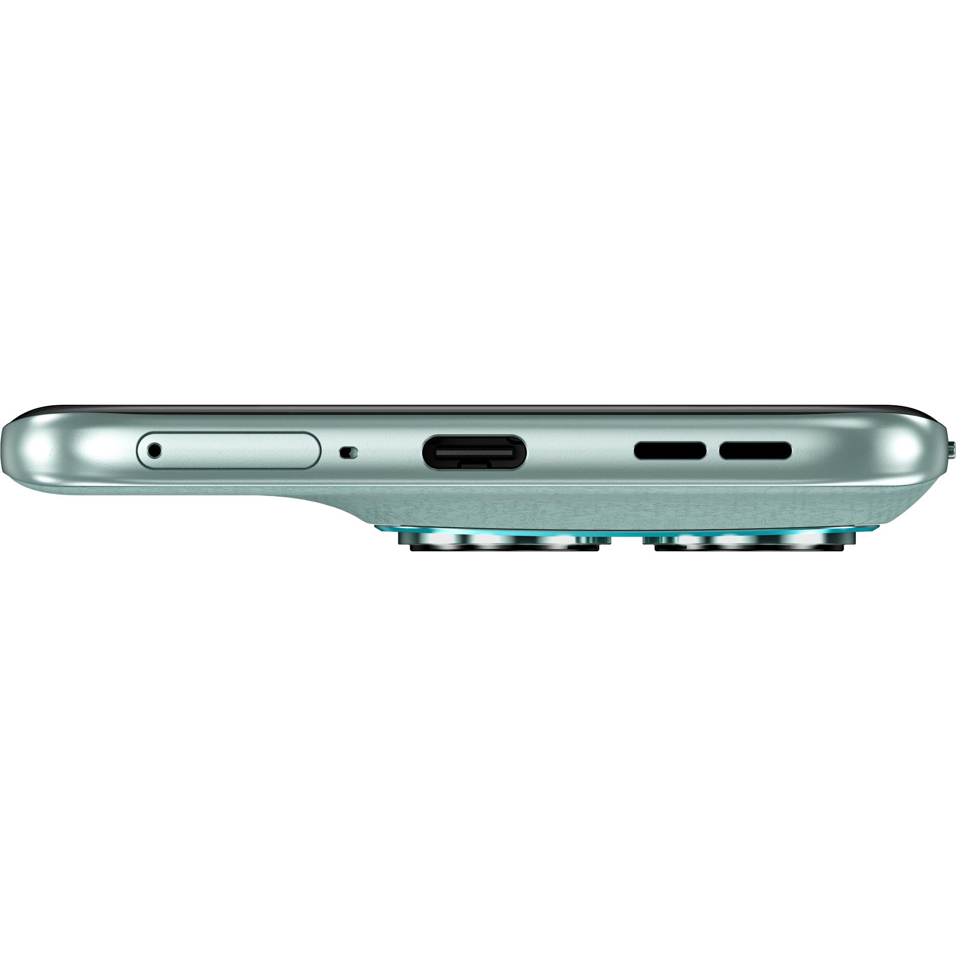 Blue smartphone side profile with buttons and speaker/port openings along edge