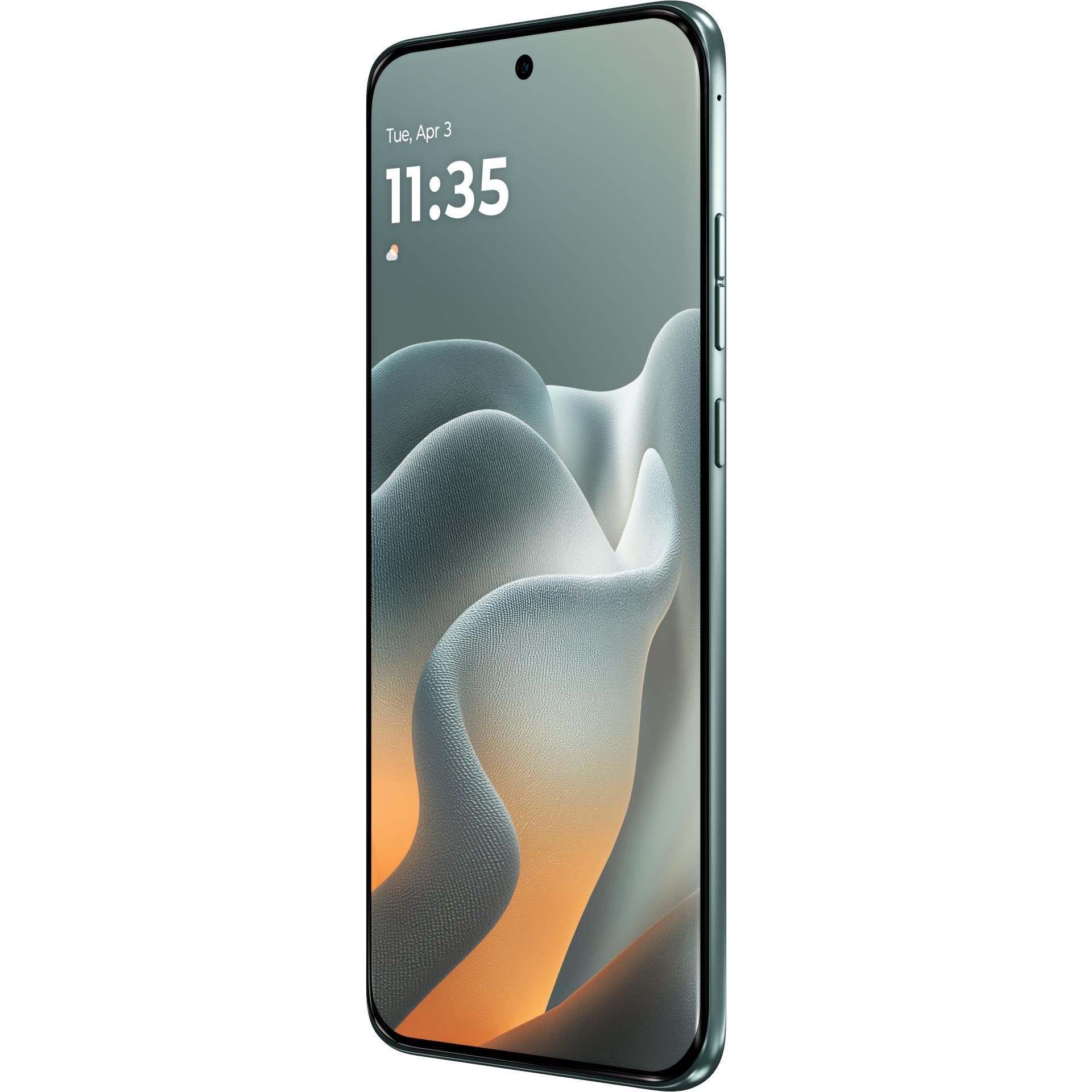 Blue smartphone front view with 11:35 display and curved abstract wallpaper