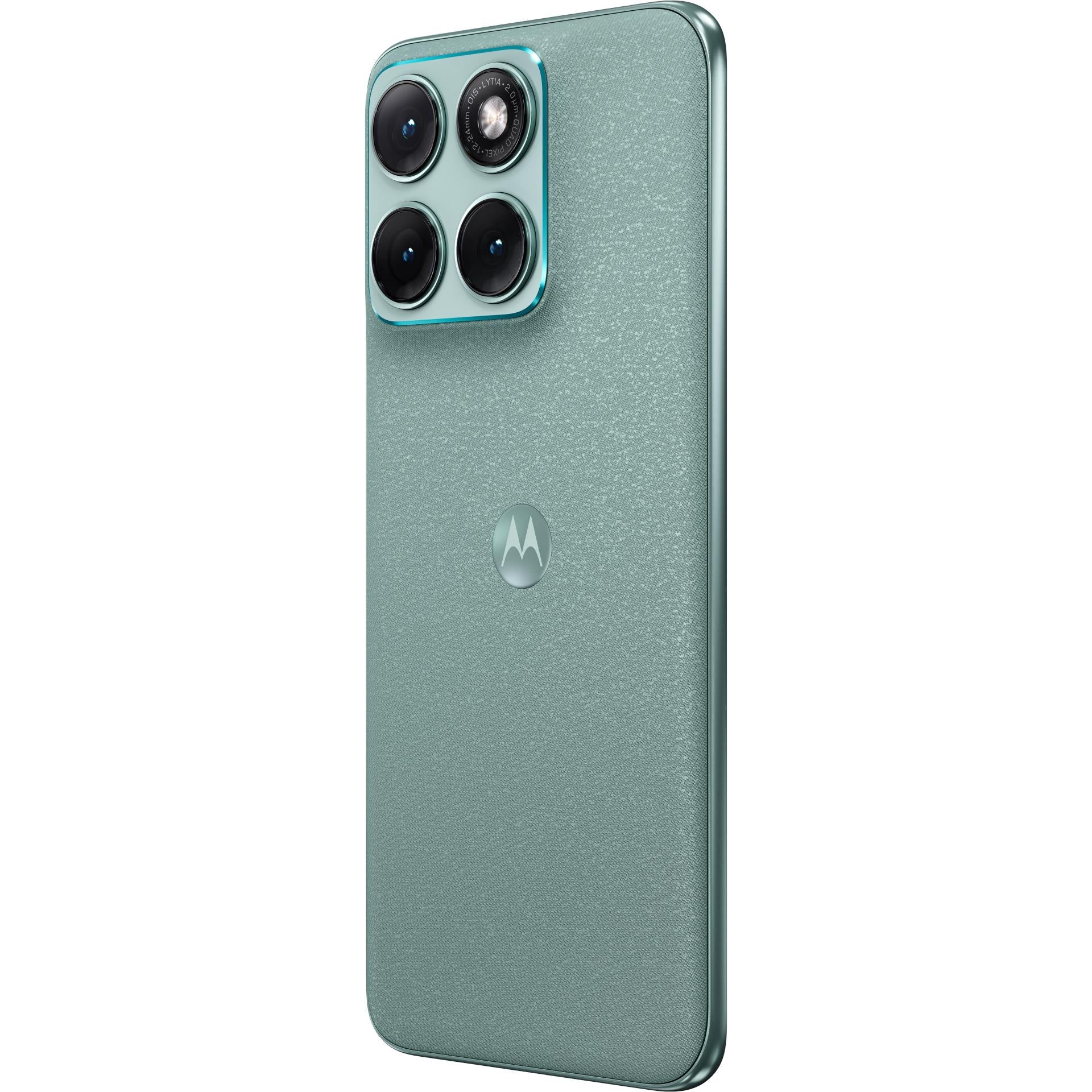 Blue smartphone back view with quad camera cluster and textured finish