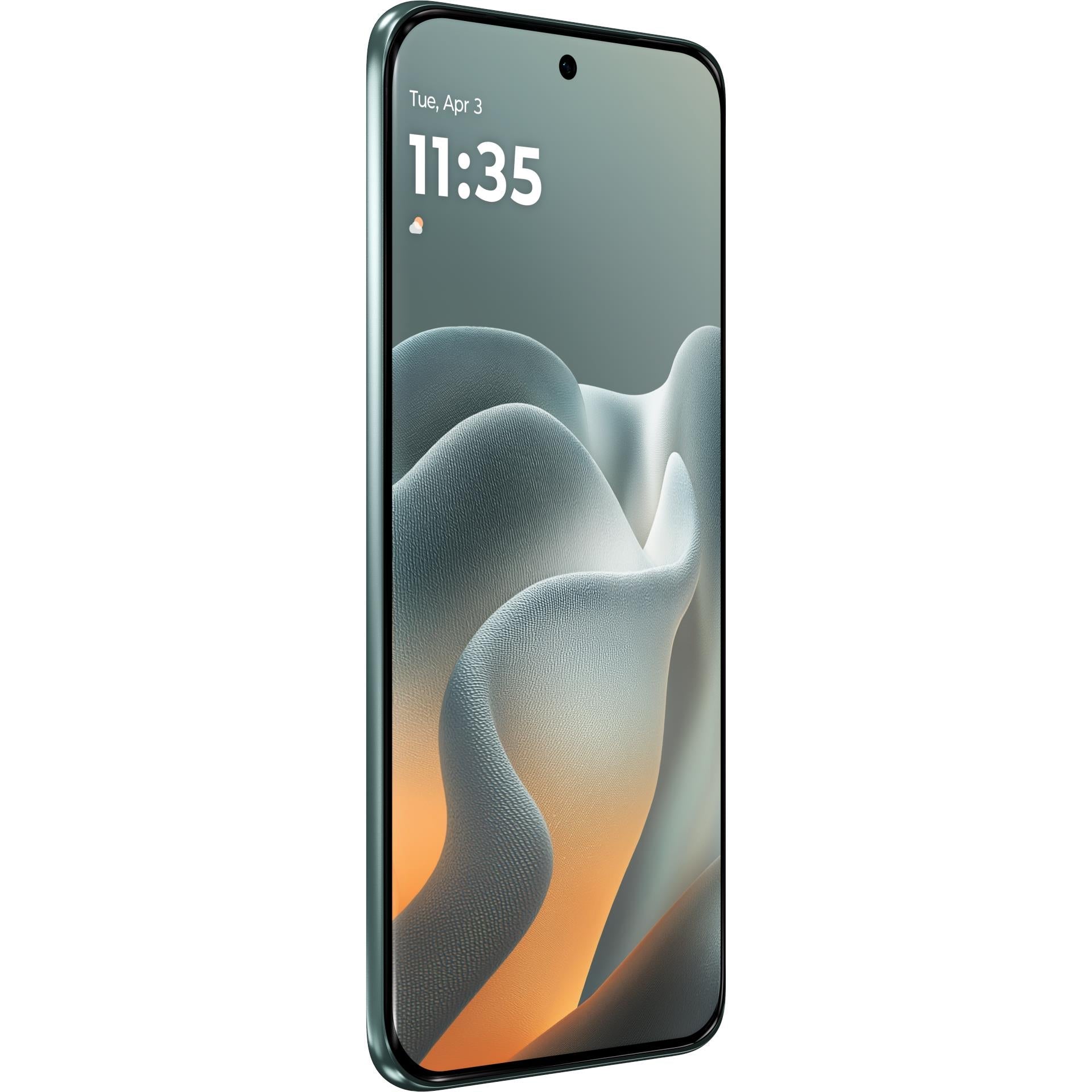 Blue smartphone front view with 11:35 screen and curved abstract wallpaper