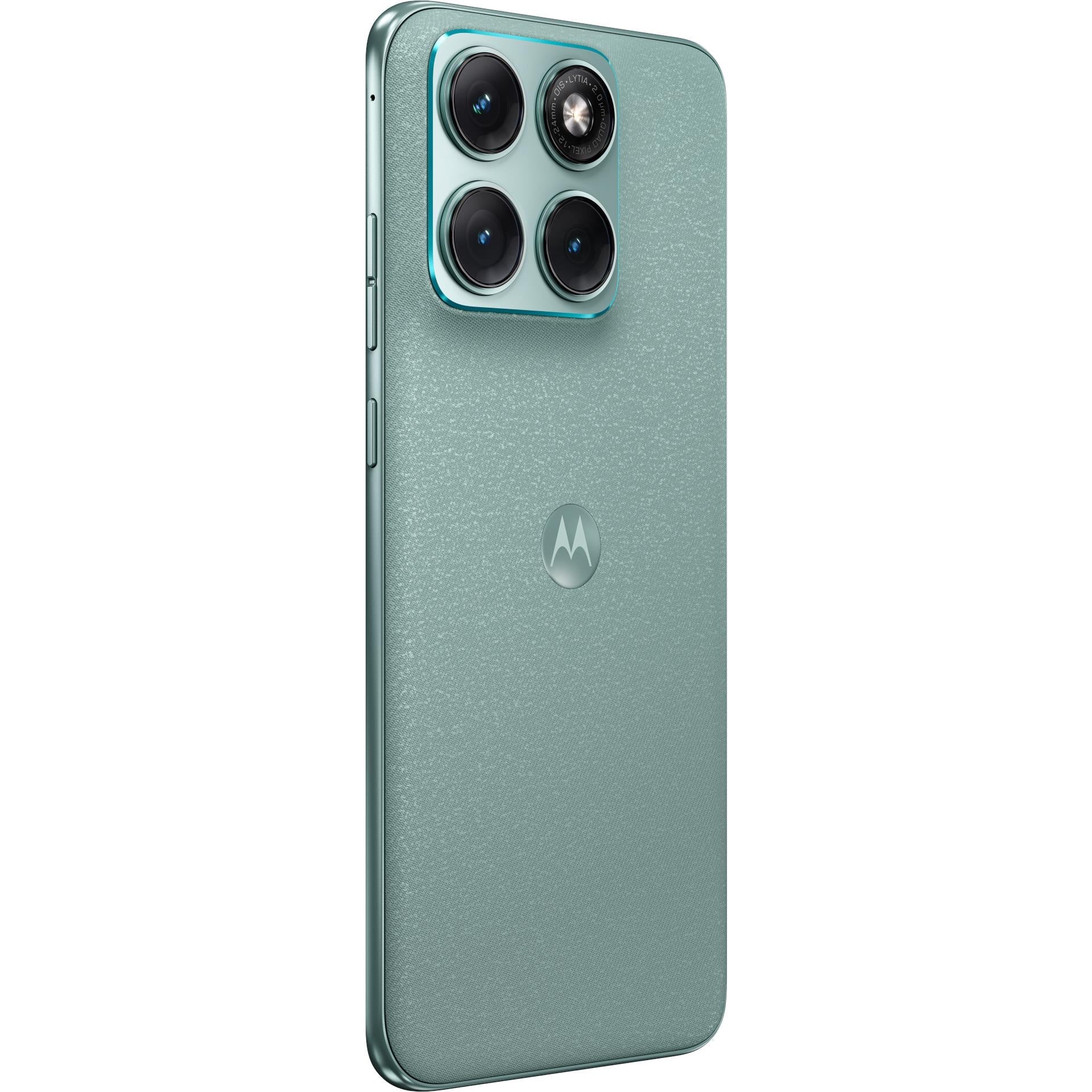 Blue smartphone back angled view with quad camera cluster and Motorola logo