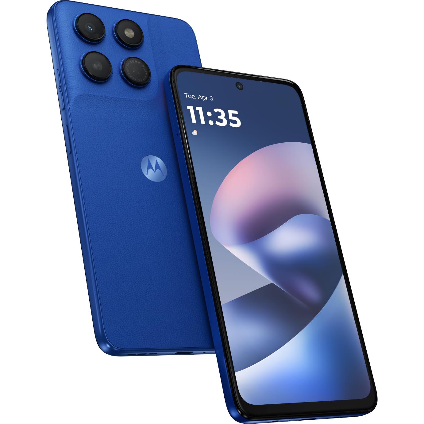 Motorola smartphone in Nautical Blue, front and back with quad rear cameras