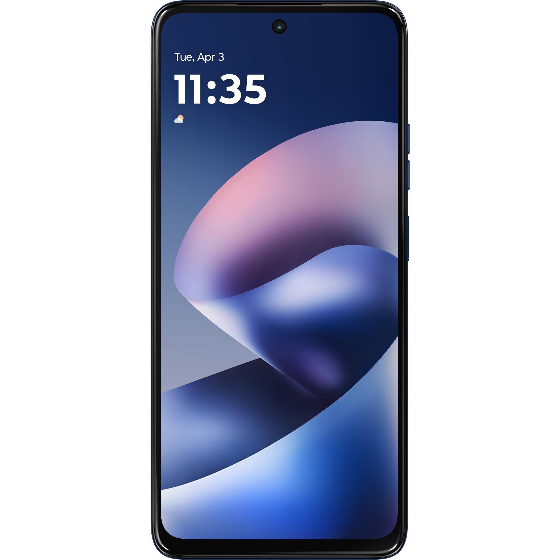 Motorola smartphone in Nautical Blue, front view with 11:35 home screen