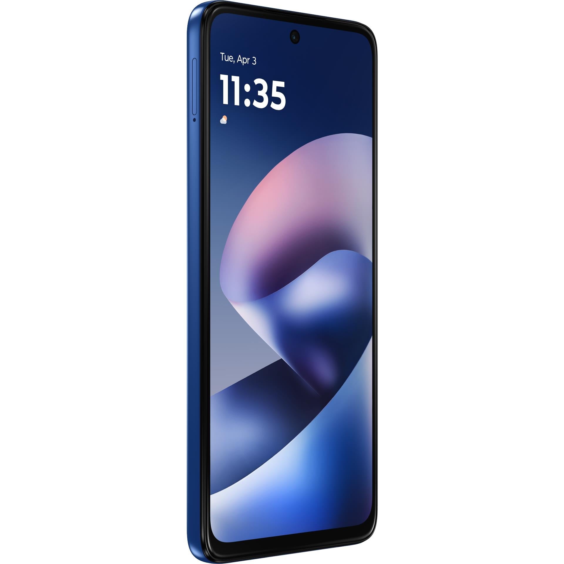Motorola smartphone in Nautical Blue, front view angled with display and side speaker slot