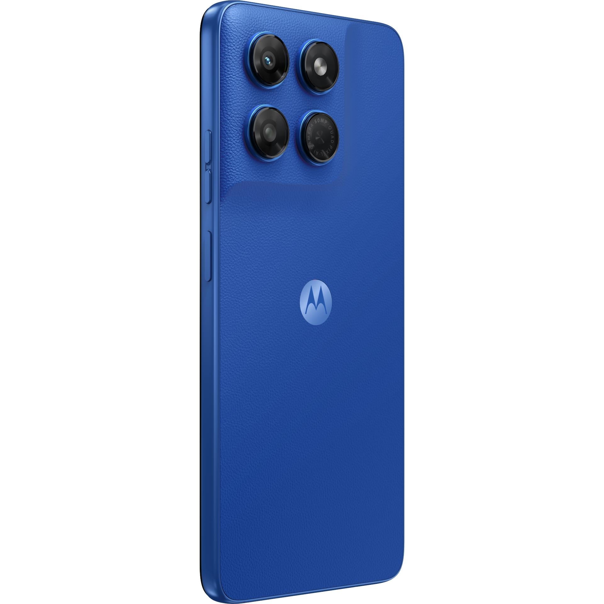 Motorola smartphone in Nautical Blue, back view showing quad cameras and textured finish