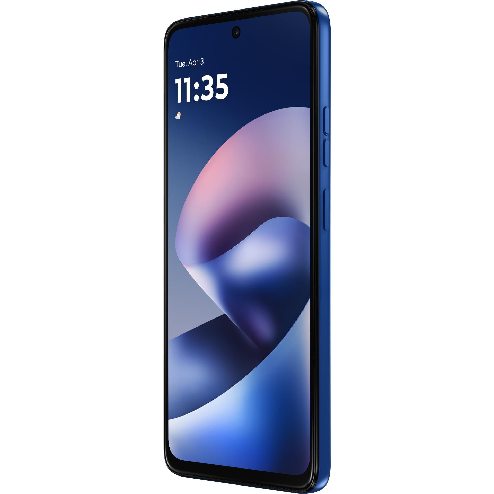 Motorola smartphone in Nautical Blue, front view with 11:35 display and curved wallpaper