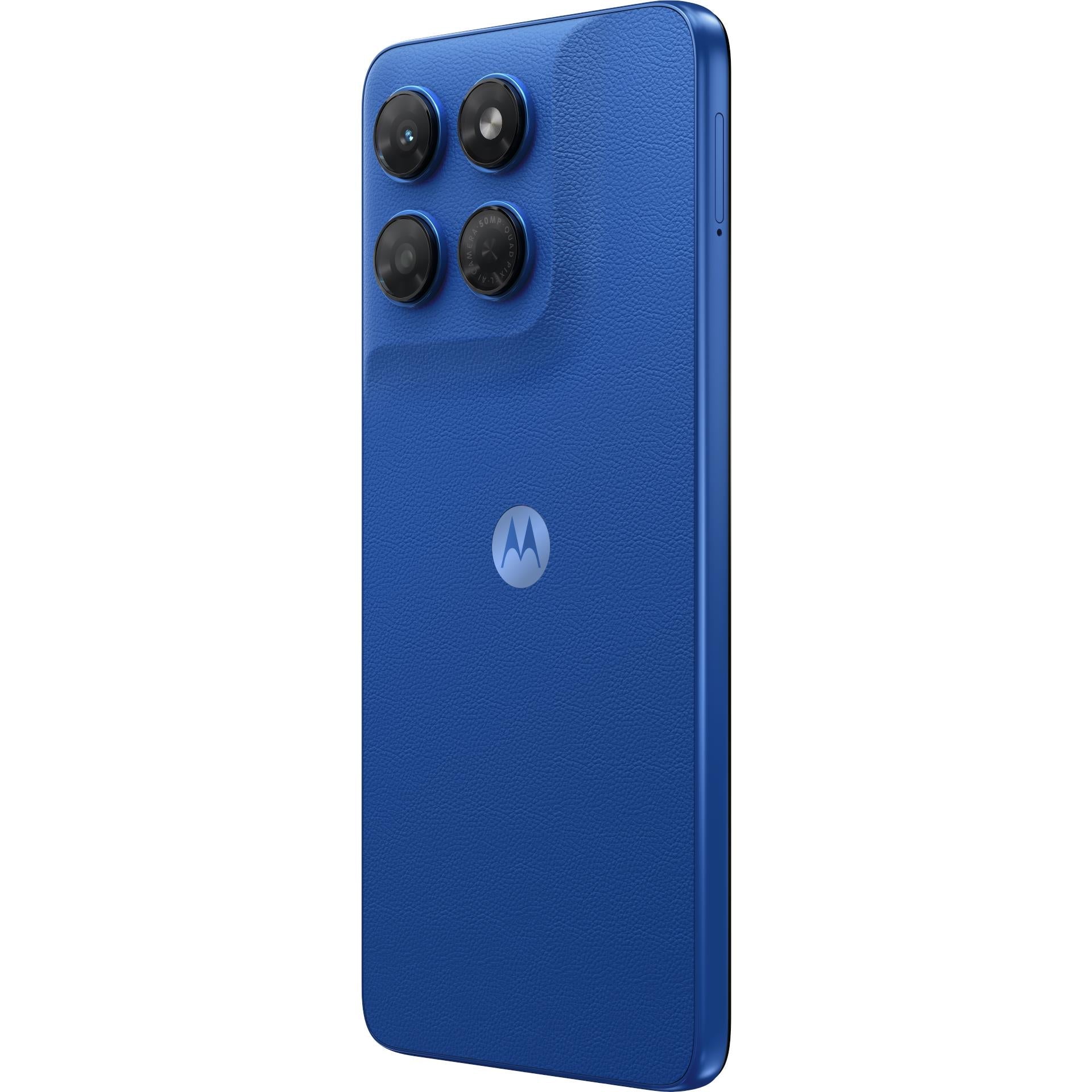 Motorola smartphone in Nautical Blue, back view with quad cameras and Motorola emblem