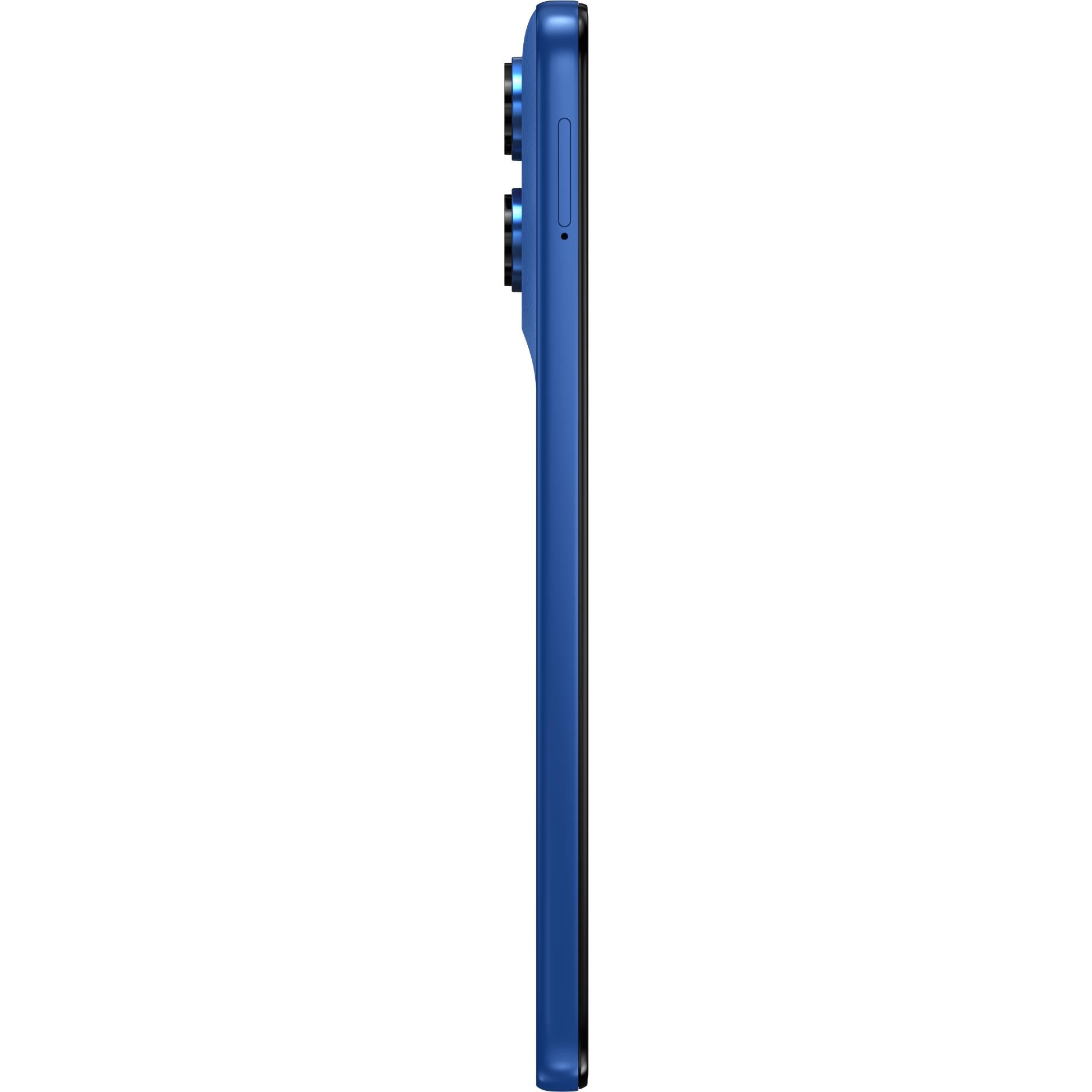 Motorola smartphone in Nautical Blue, side profile showing slim thickness and buttons