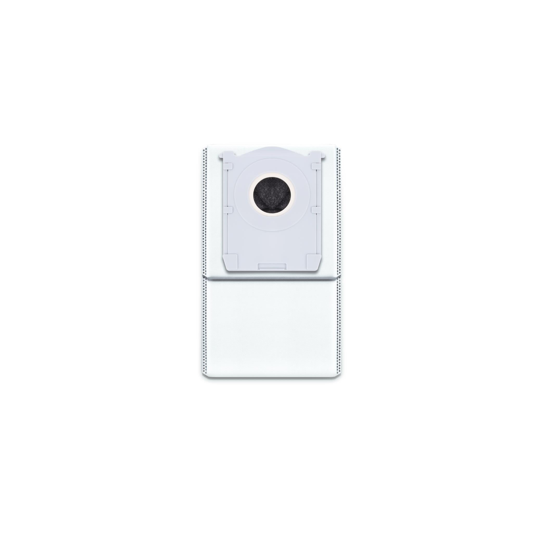 White robot vacuum dust bag with circular filter port opening
