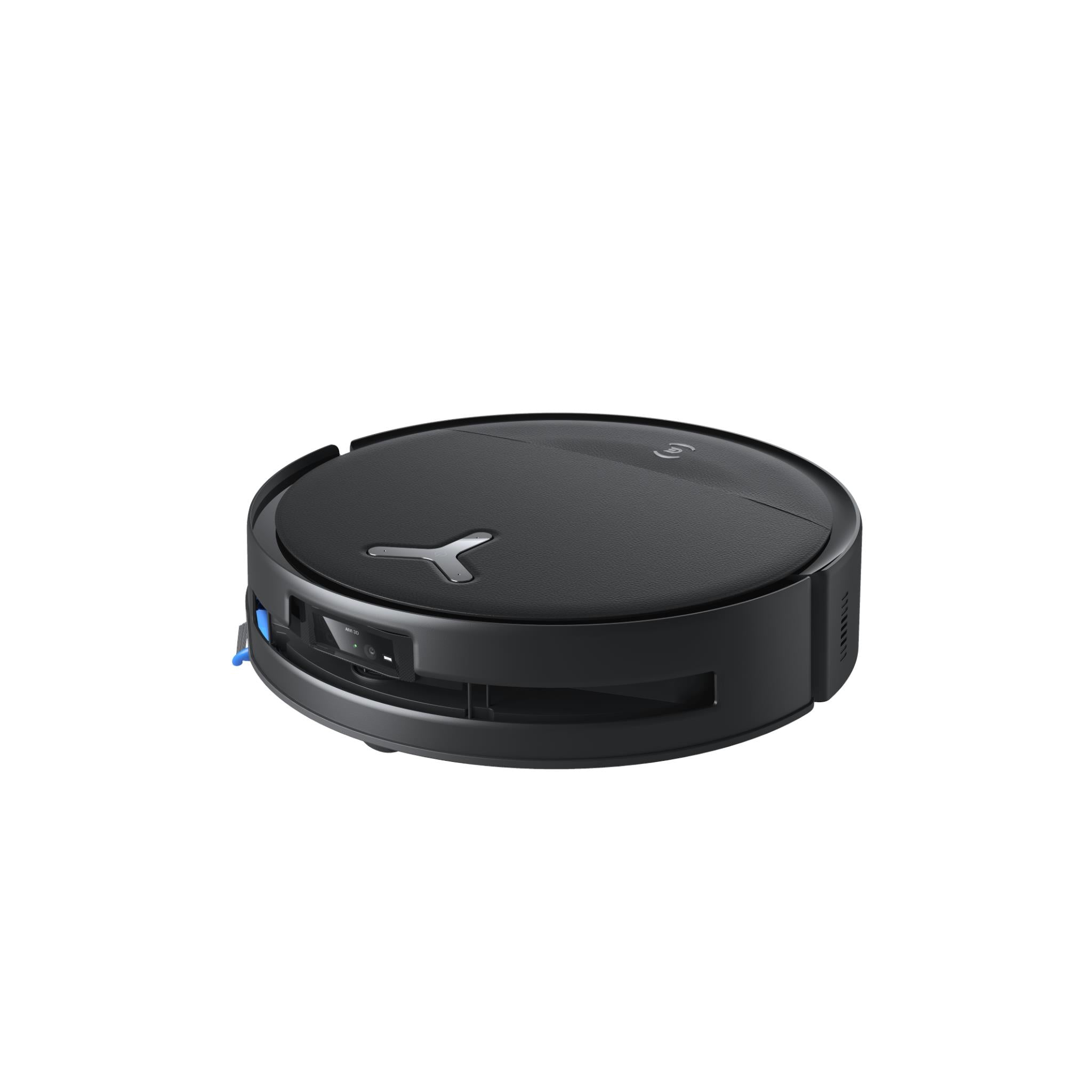 ECOVACS circular robot vacuum with blue side detail, top view, dark gray