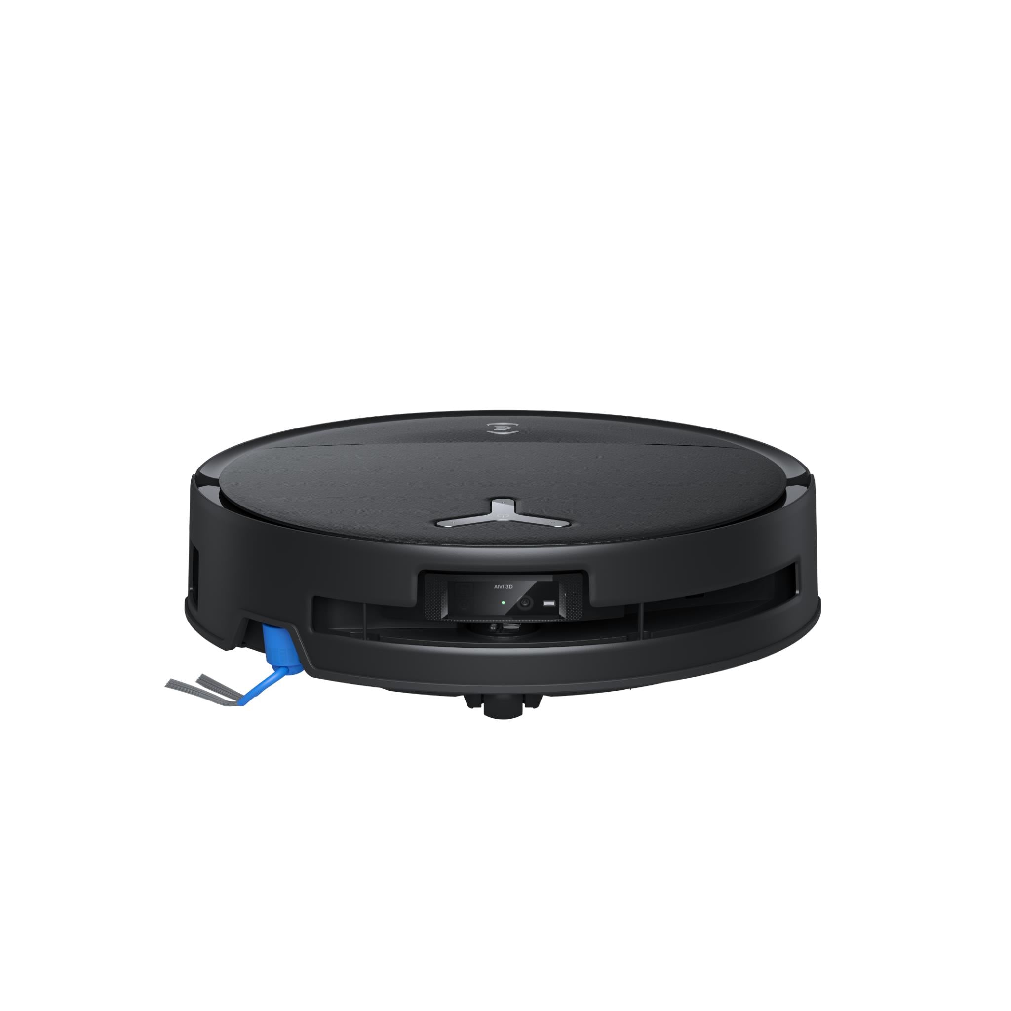 ECOVACS circular robot vacuum with open sensor area, front 3/4 view, dark gray