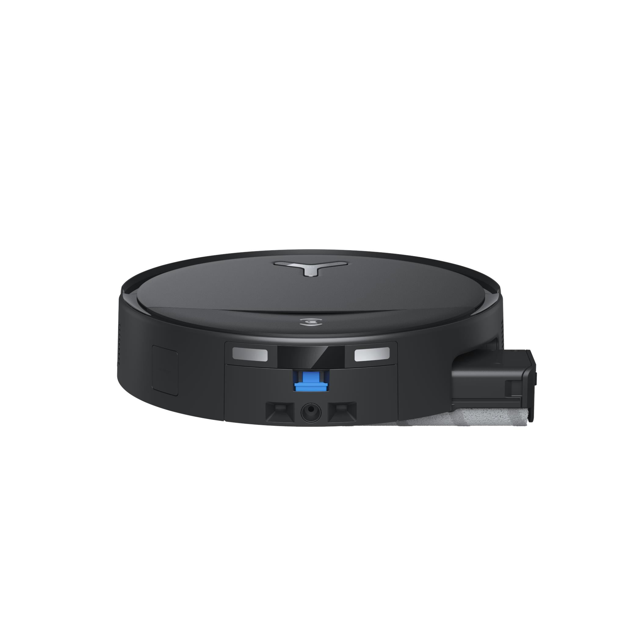 ECOVACS circular robot vacuum with docking contact area, side view, dark gray