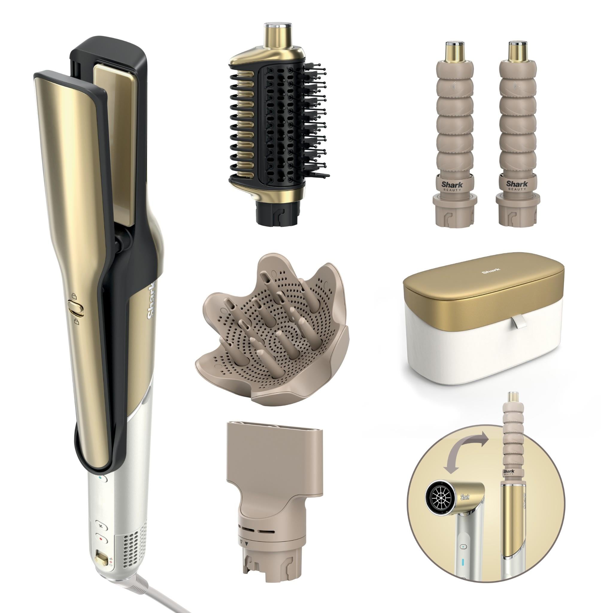Soft gold hot air brush with black bristle pad, hair styling tool