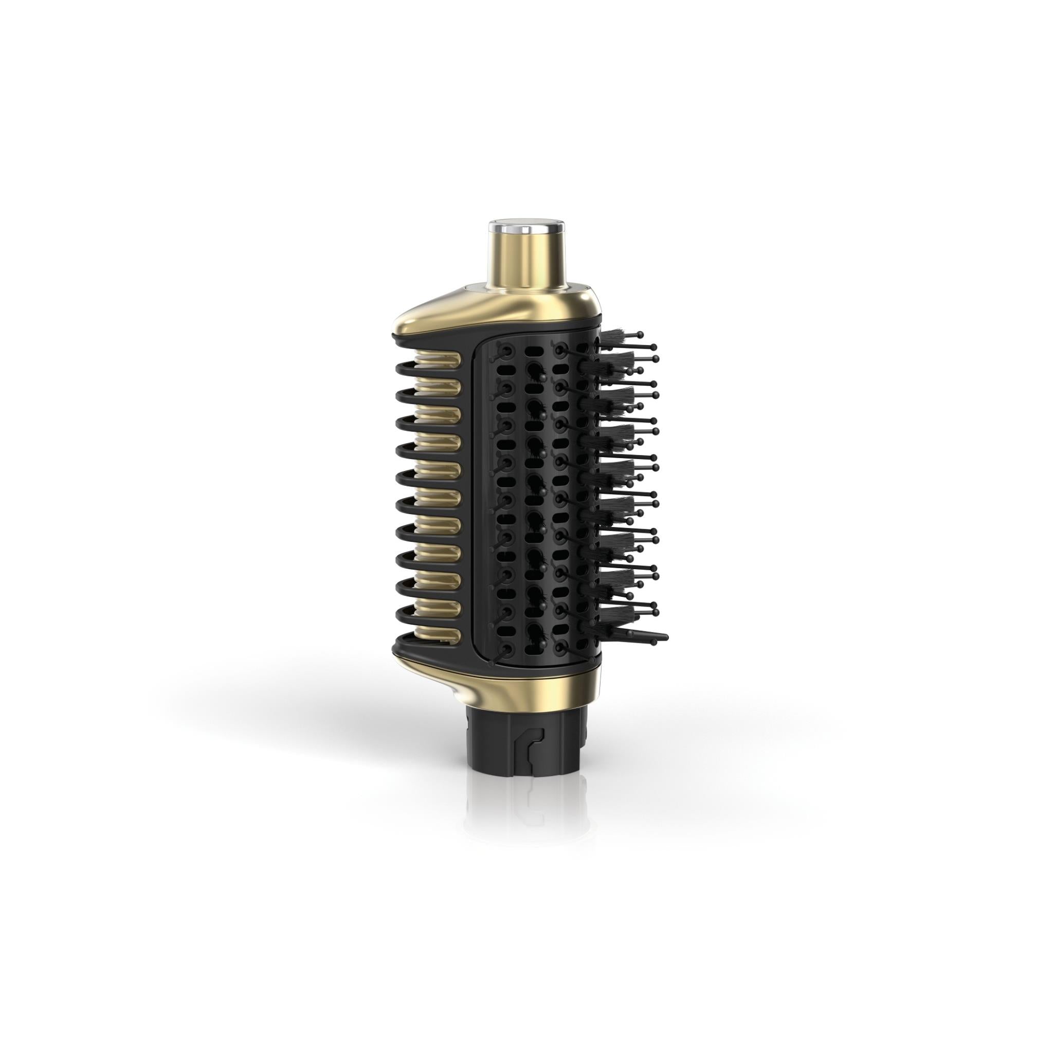 Soft gold round hot air brush with black bristles, front view