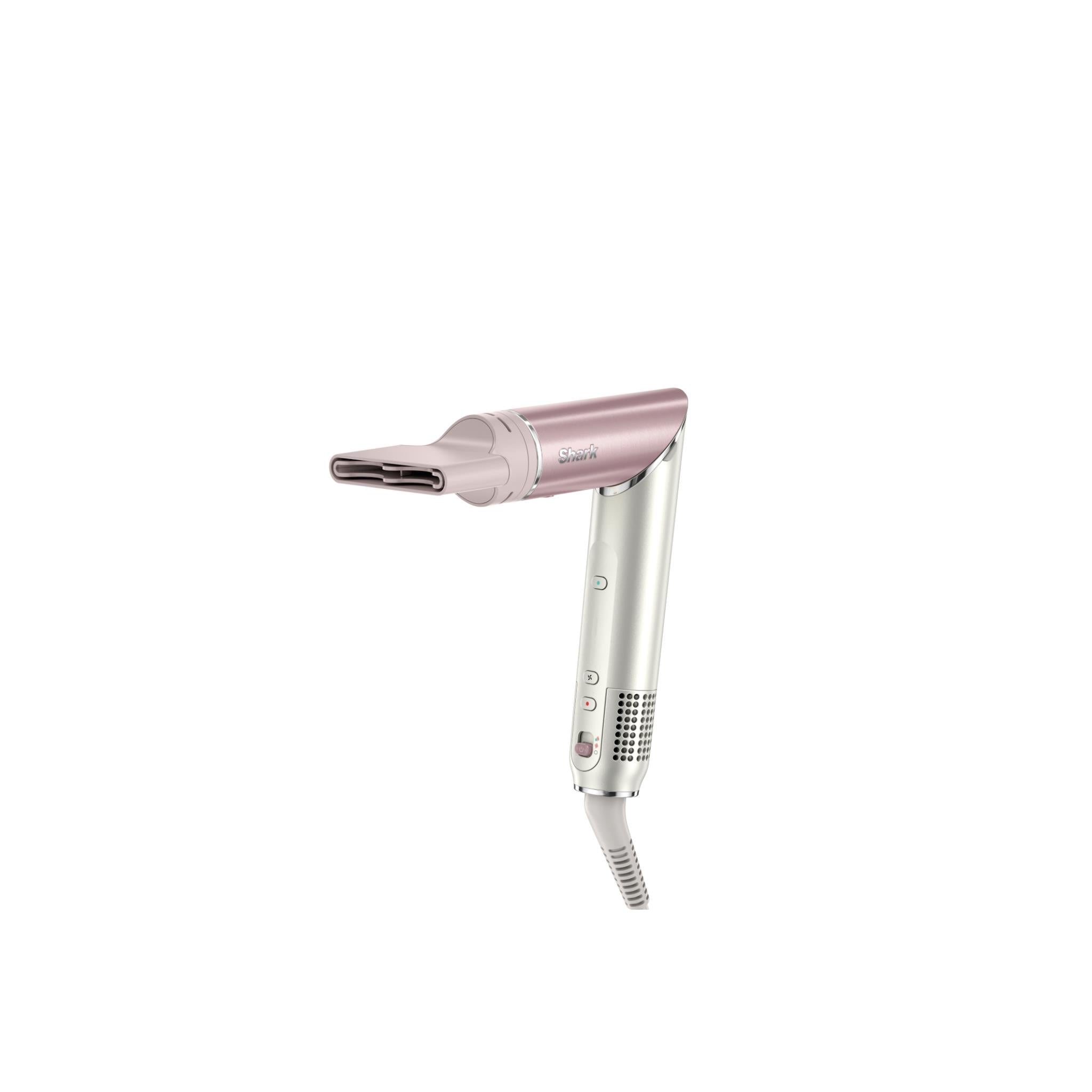 Pink and silver hot air hair tool with slim nozzle outlet