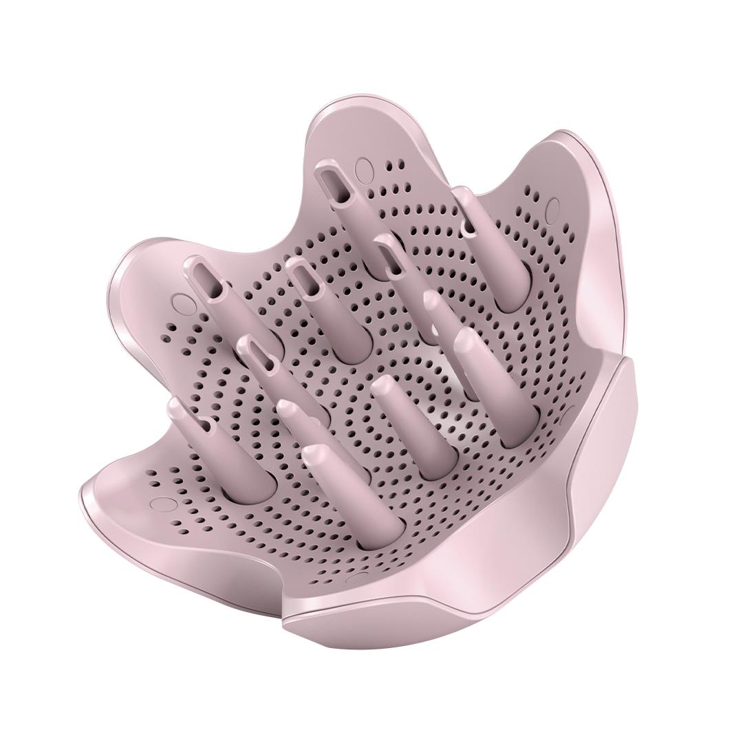 Pink scalp massage brush head with vent holes and flexible prongs