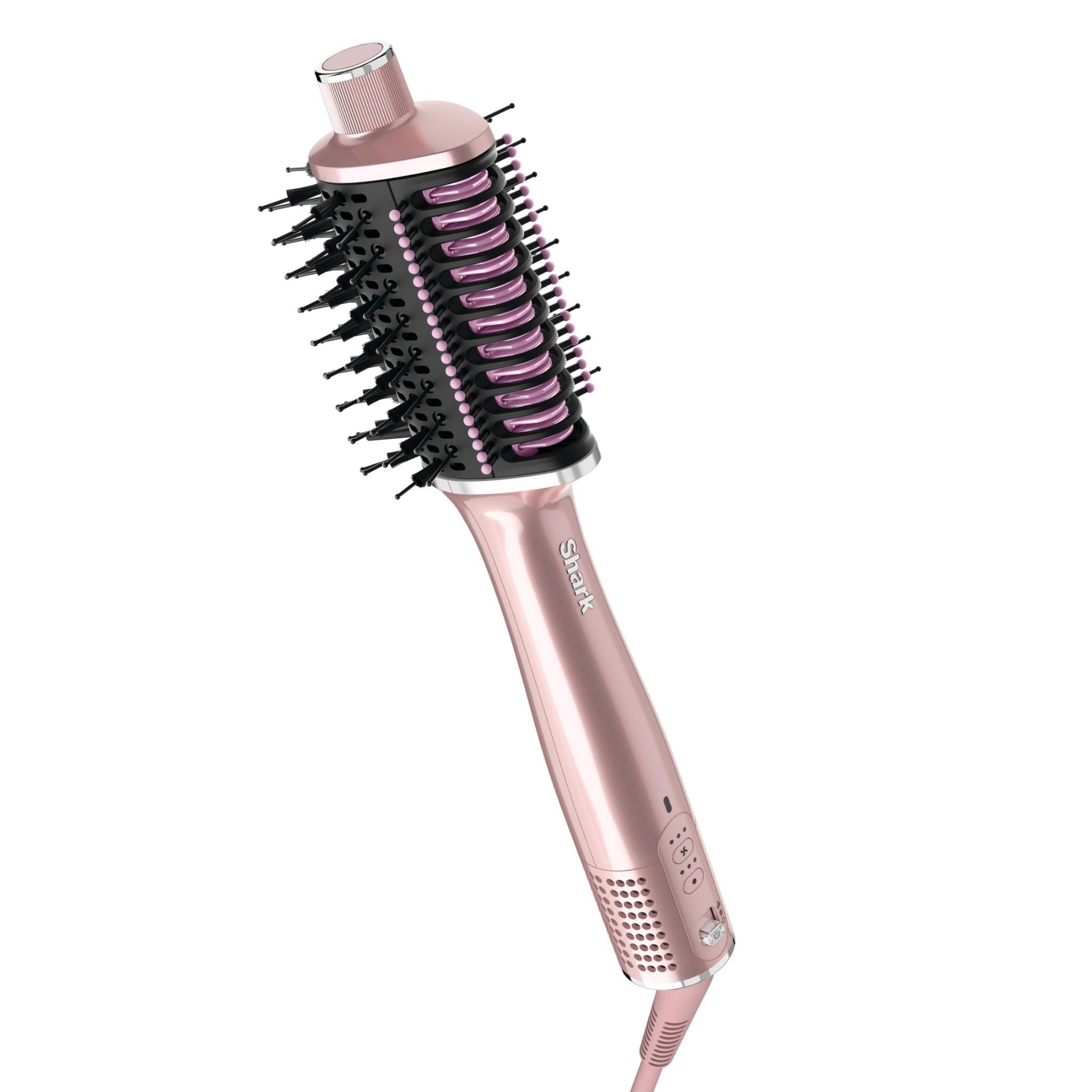 Pink hot air hair styler with round brush barrel, black bristles, and vented handle