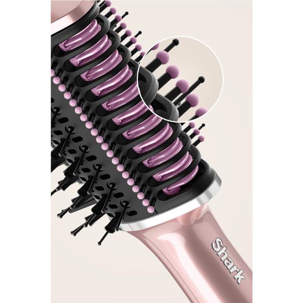 Pink hot air styler with round brush barrel and purple-tinted heat rings