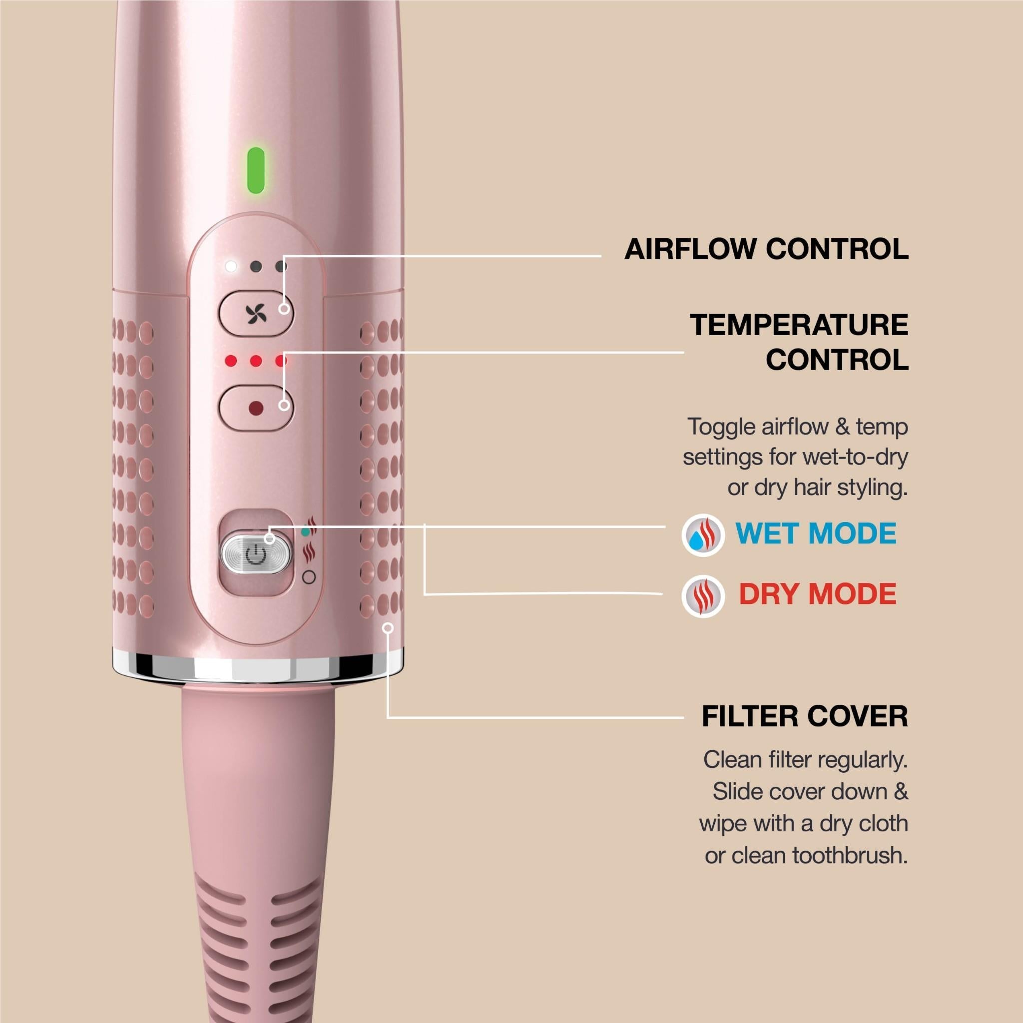 Pink hair styler with side air flow and temperature controls plus filter cover