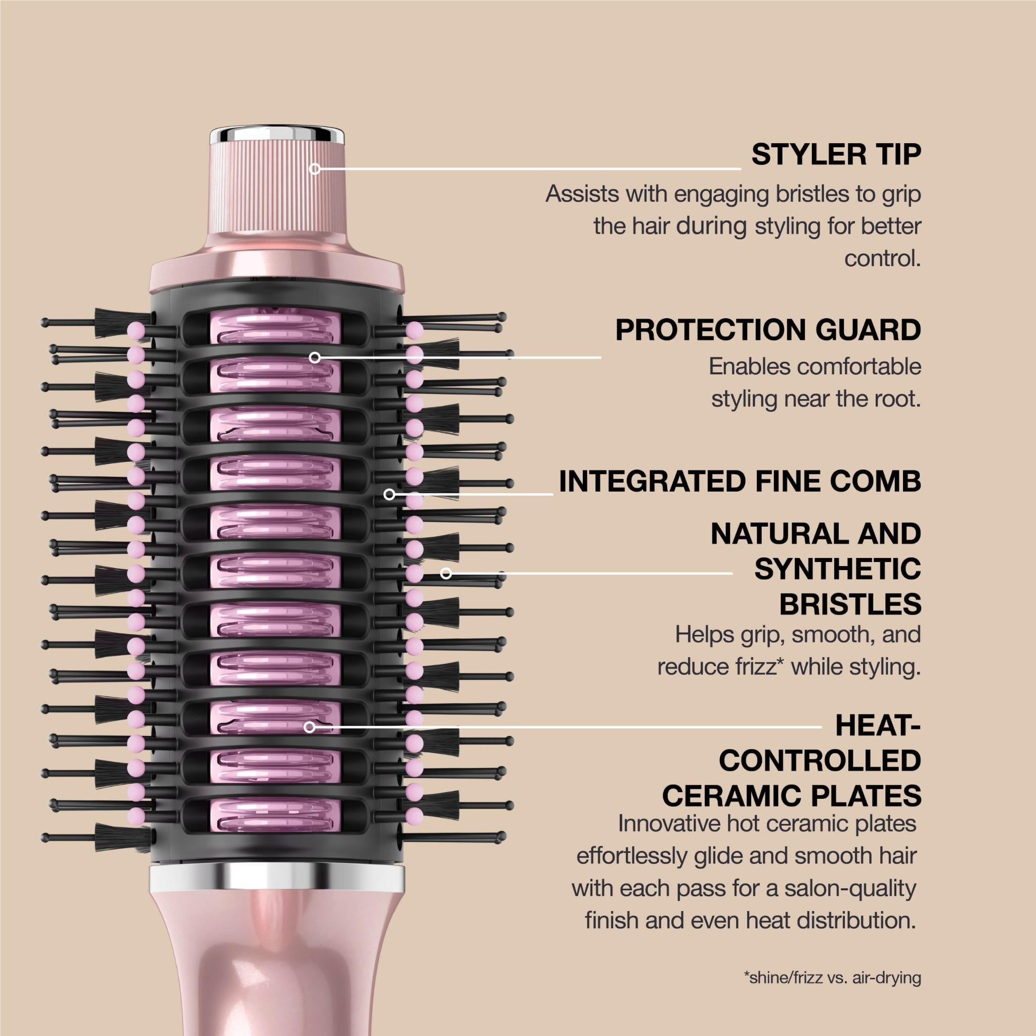 Pink hair styler with barrel brush head showing bristles and heat plates