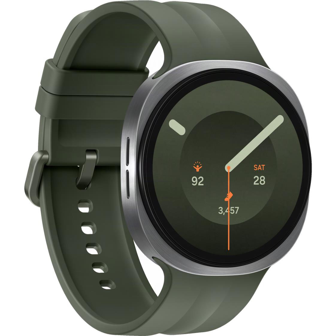 Samsung Galaxy Watch with olive green silicone band and round 44mm display, angled