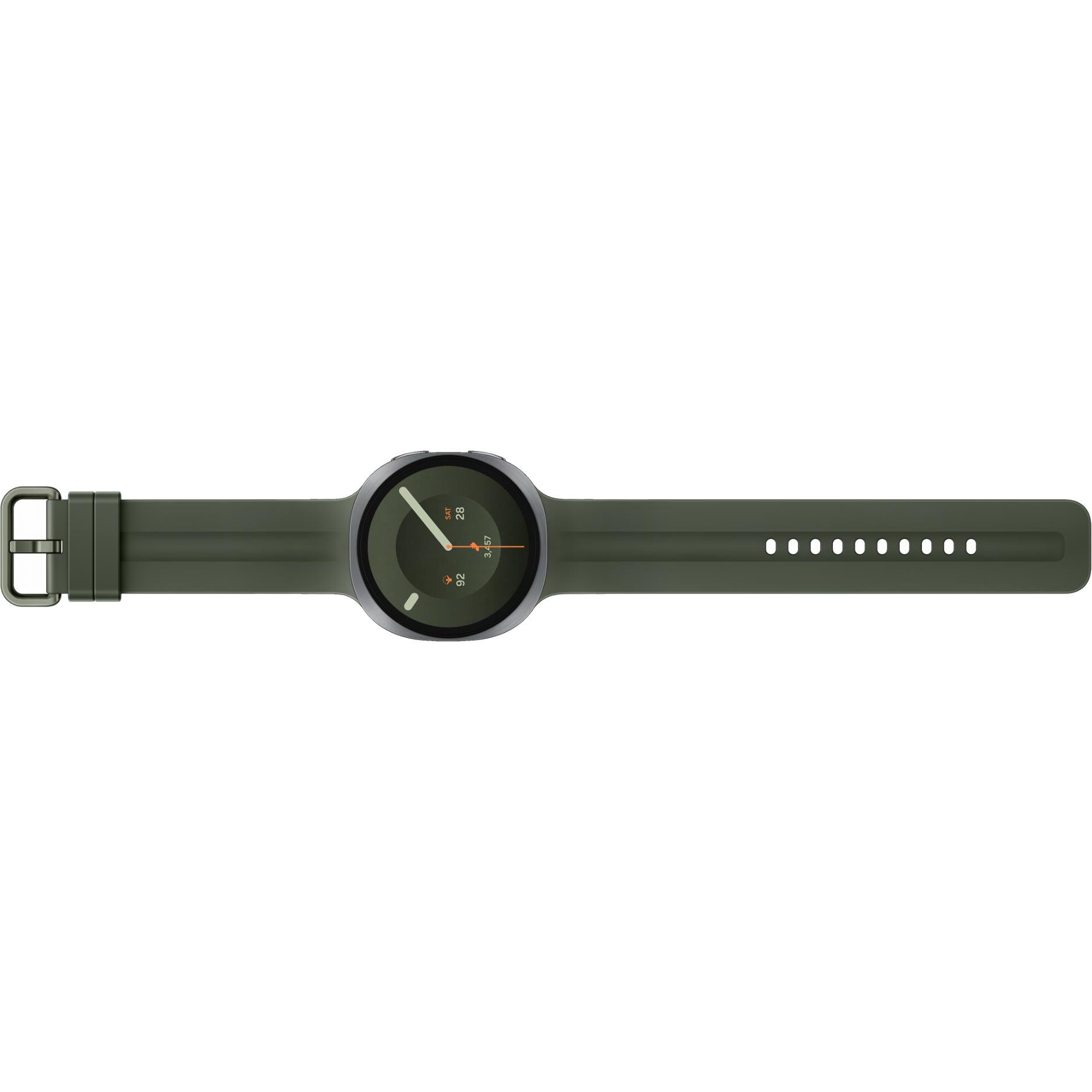 Samsung Galaxy Watch with olive green silicone strap, side view and charging dots
