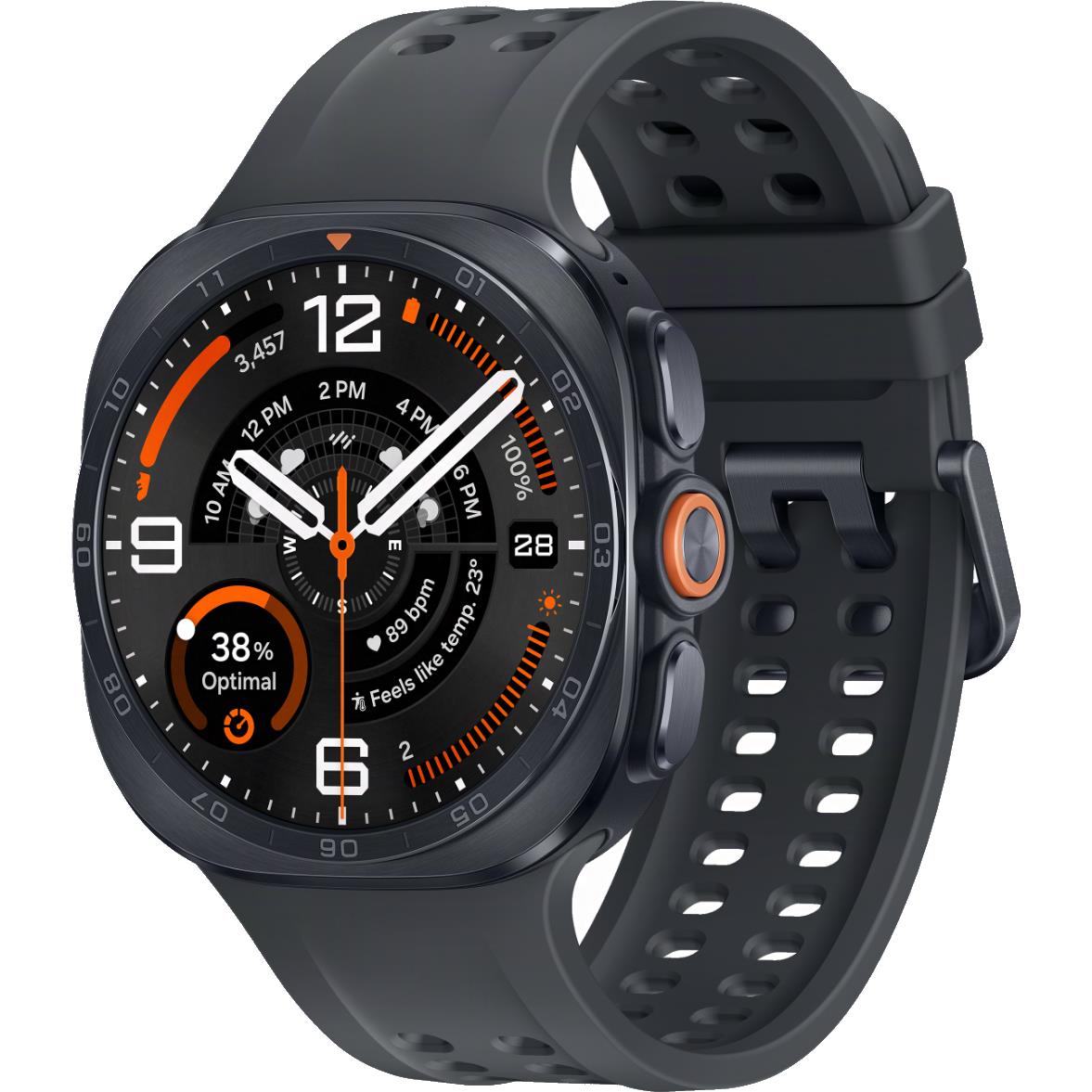 Titanium gray smartwatch with orange-accent digital face and perforated sport strap