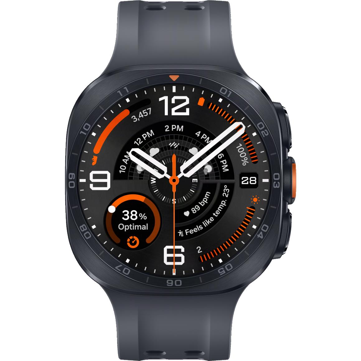 Titanium gray smartwatch with orange-accent digital display and black rubber strap