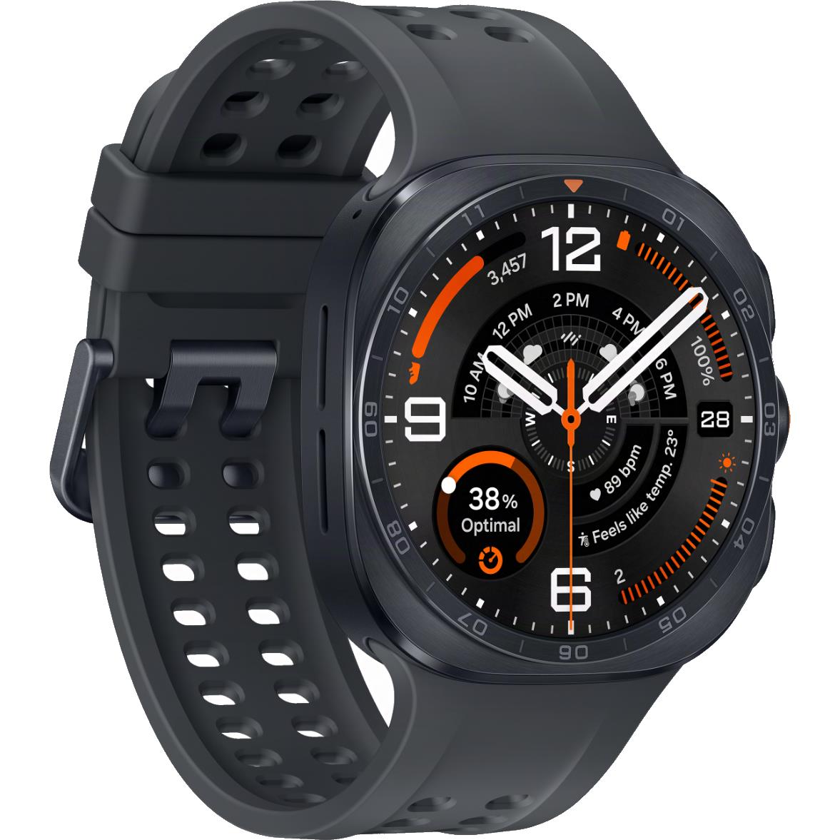 Titanium gray smartwatch with orange-accent dial and perforated band