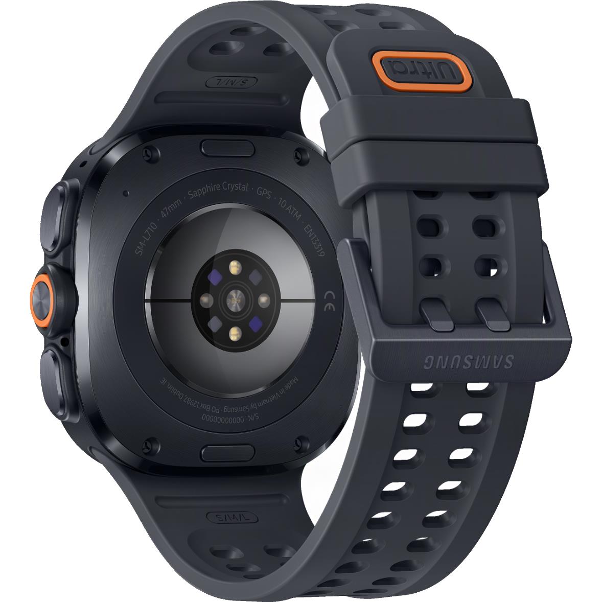 Titanium gray smartwatch back with camera lens, sensors, and perforated strap