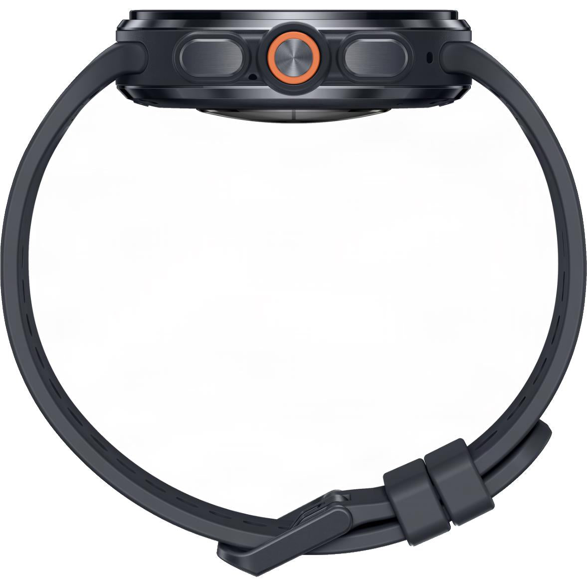 Titanium gray smartwatch side view with orange button accents and rubber band