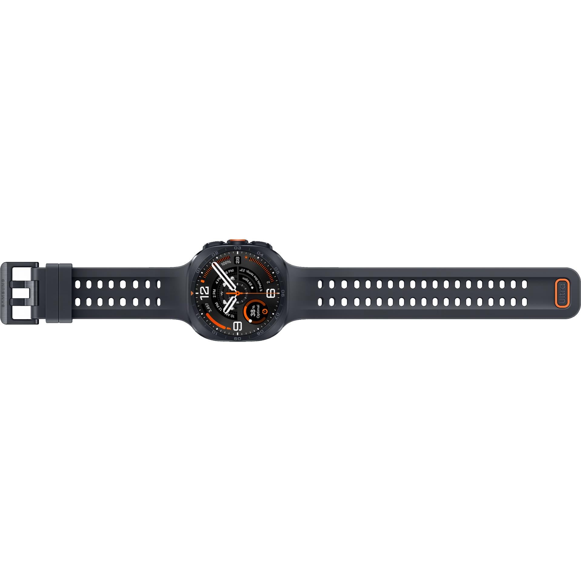 Titanium gray smartwatch with extended perforated rubber strap and clasp