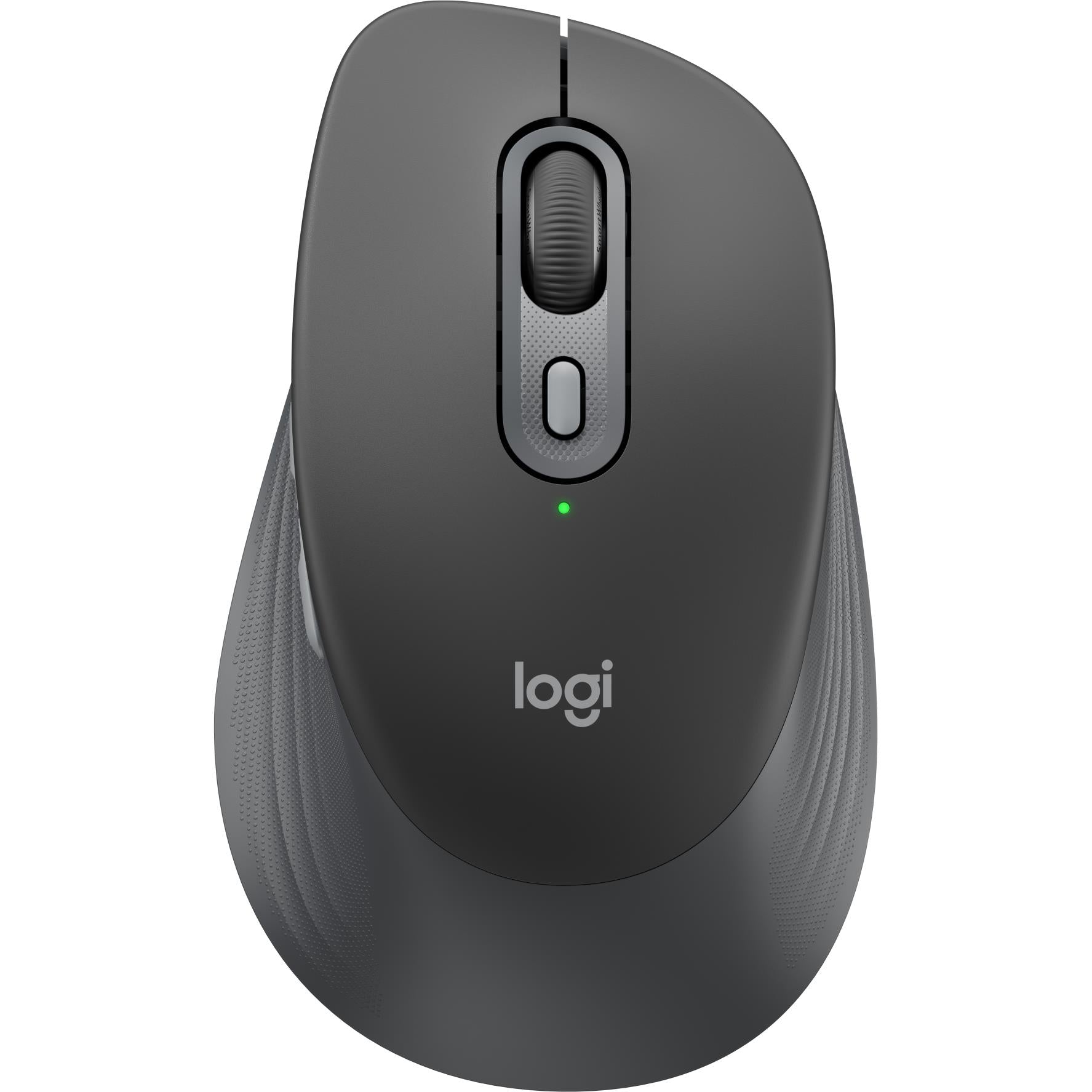 Logitech graphite quiet-click mouse front view with scroll wheel and side button