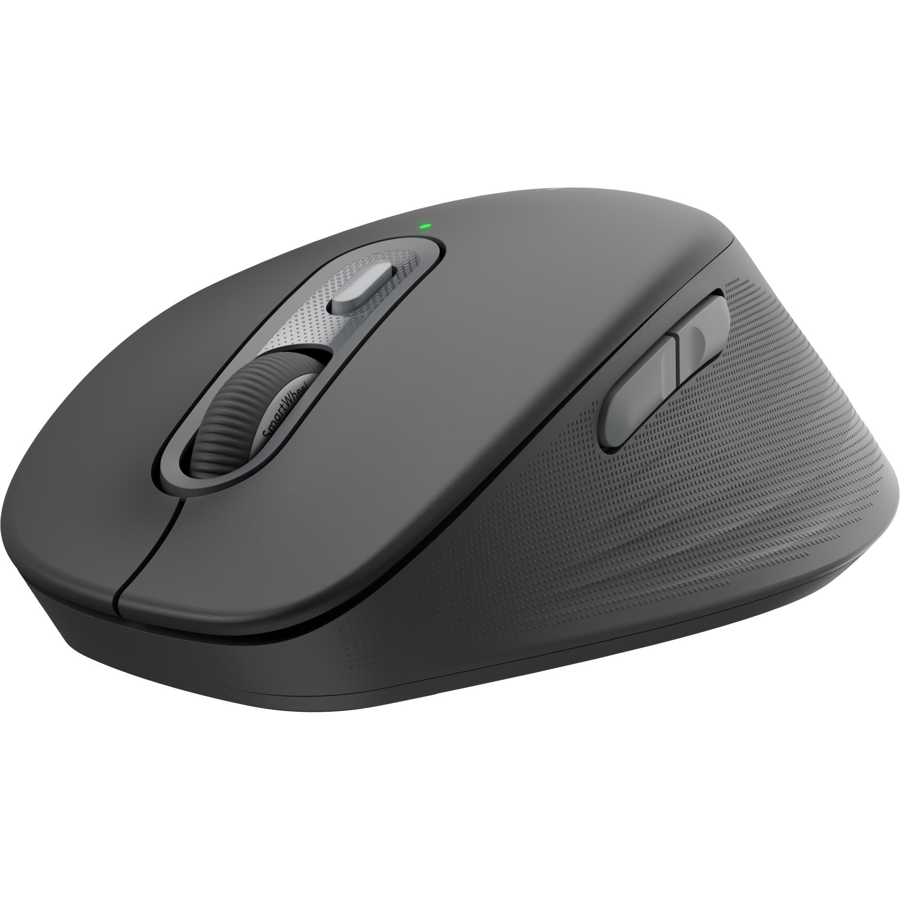 Logitech graphite quiet-click mouse top view with scroll wheel and side buttons