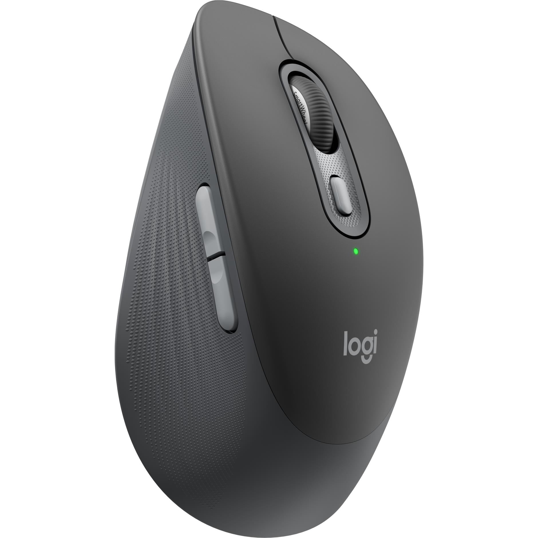 Logitech graphite quiet-click mouse angled left view with textured side grip