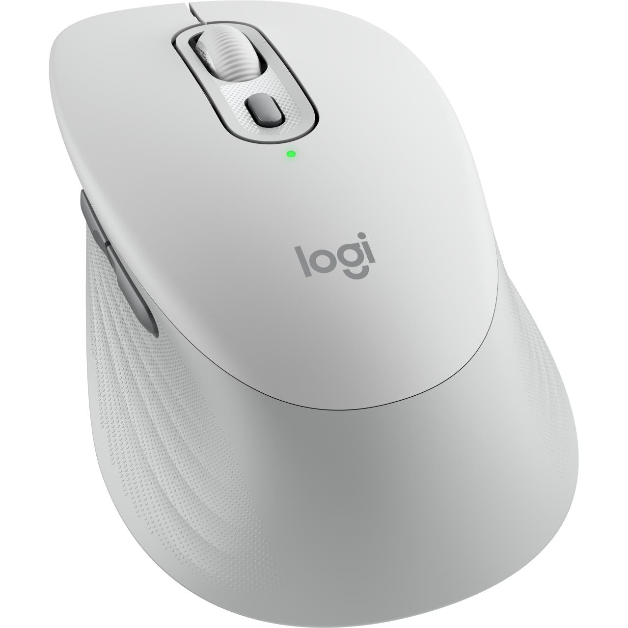Off-white Logitech ergonomic wireless mouse, top view with scroll wheel and side buttons