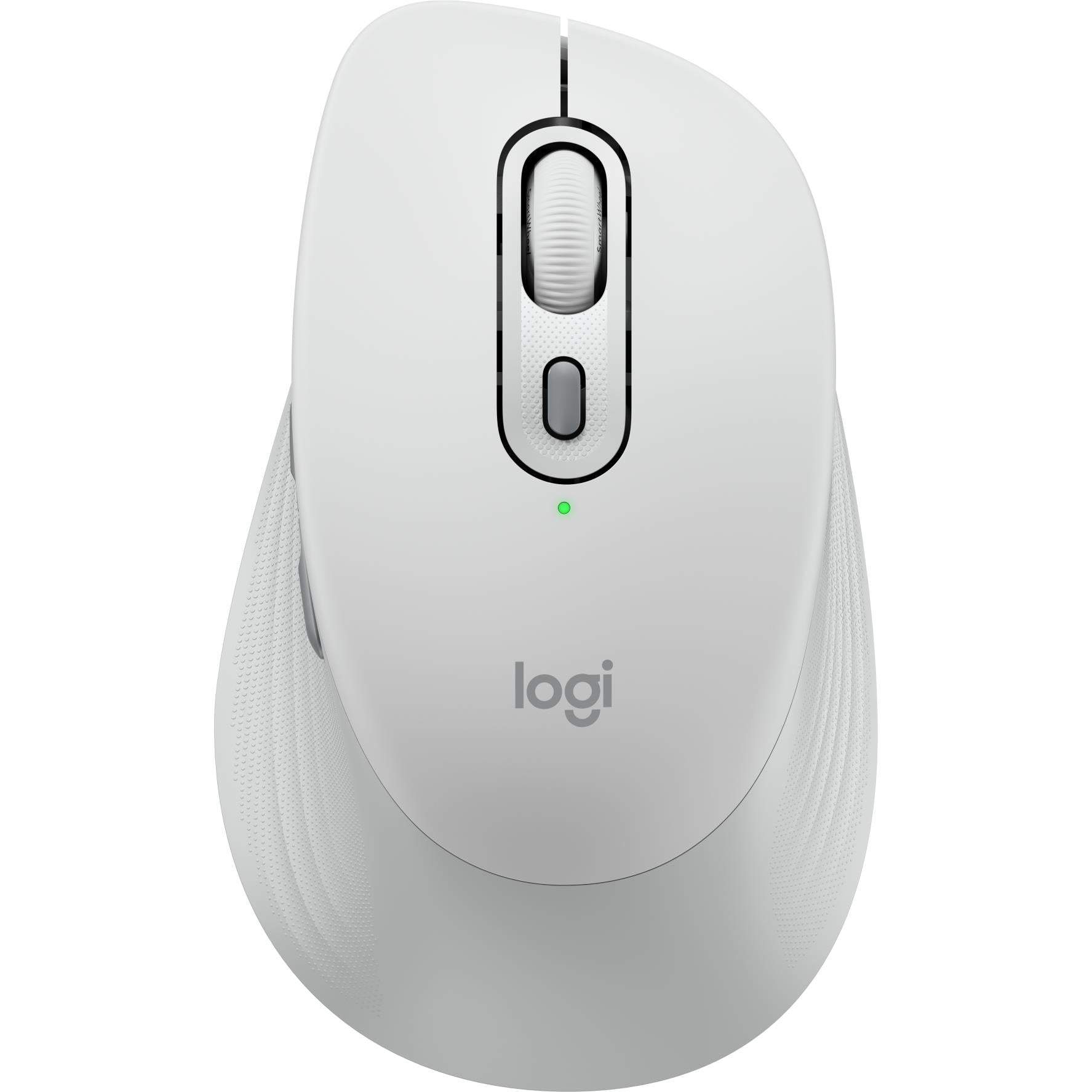 Off-white Logitech ergonomic wireless mouse, front view with two buttons and indicator light