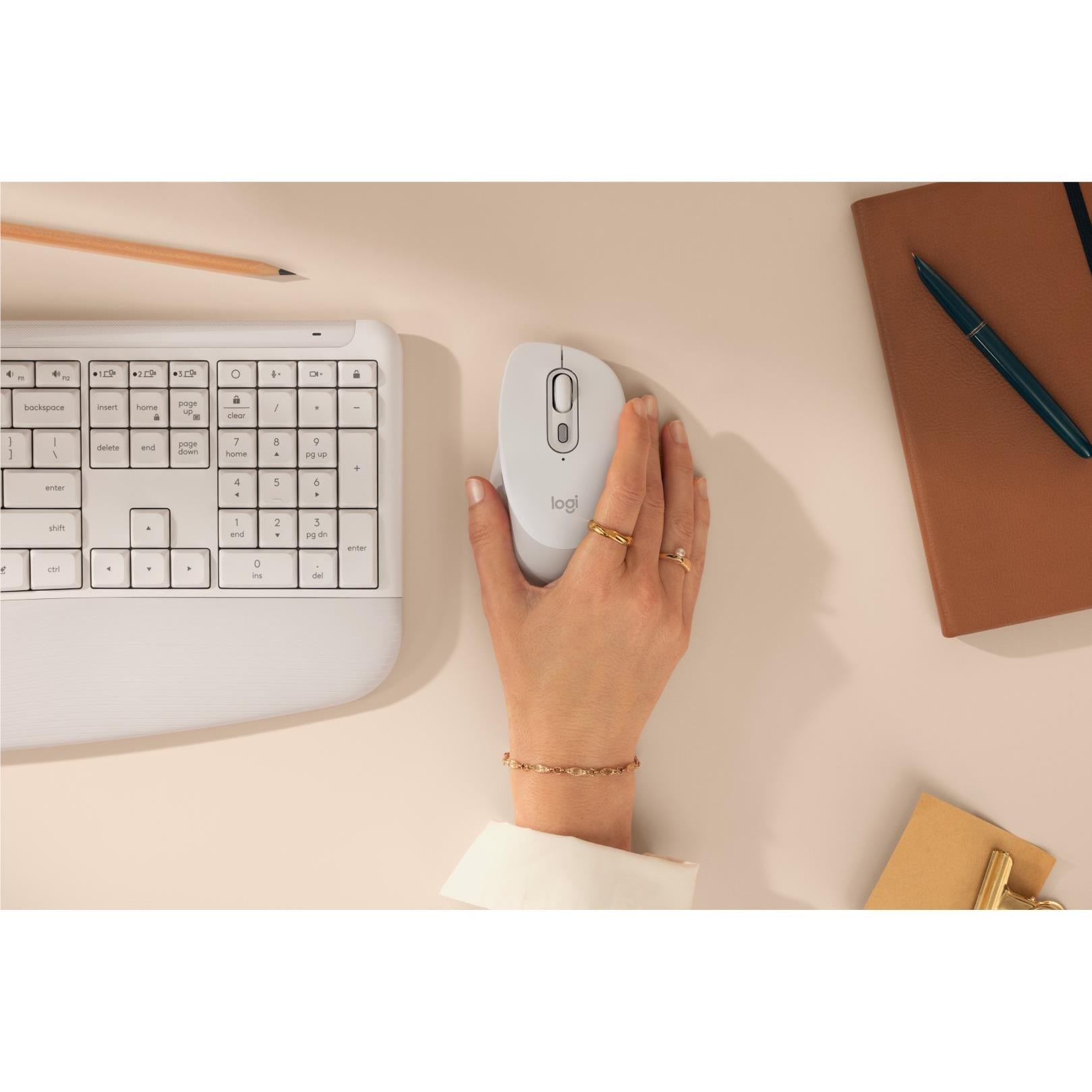 Off-white right-hand ergonomic wireless mouse with scroll wheel and brand logo