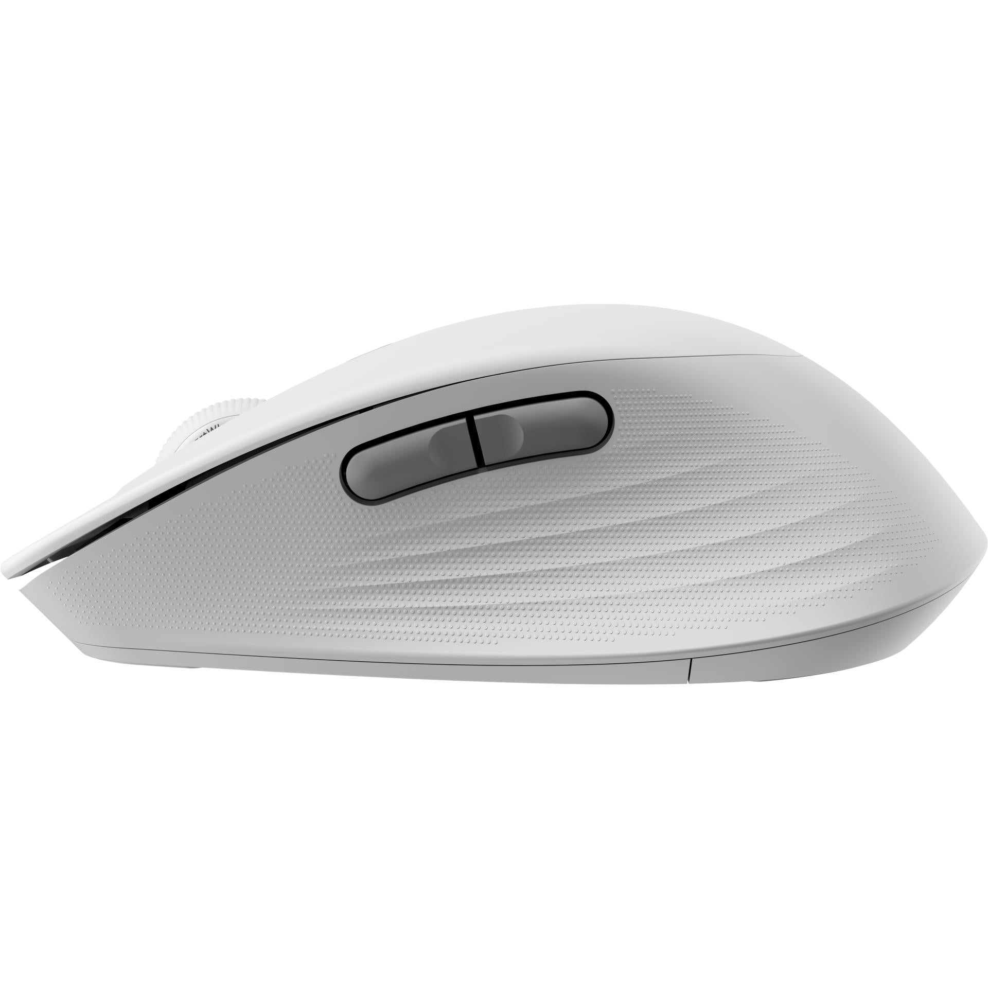Off-white Logitech ergonomic wireless mouse, side profile with top control buttons