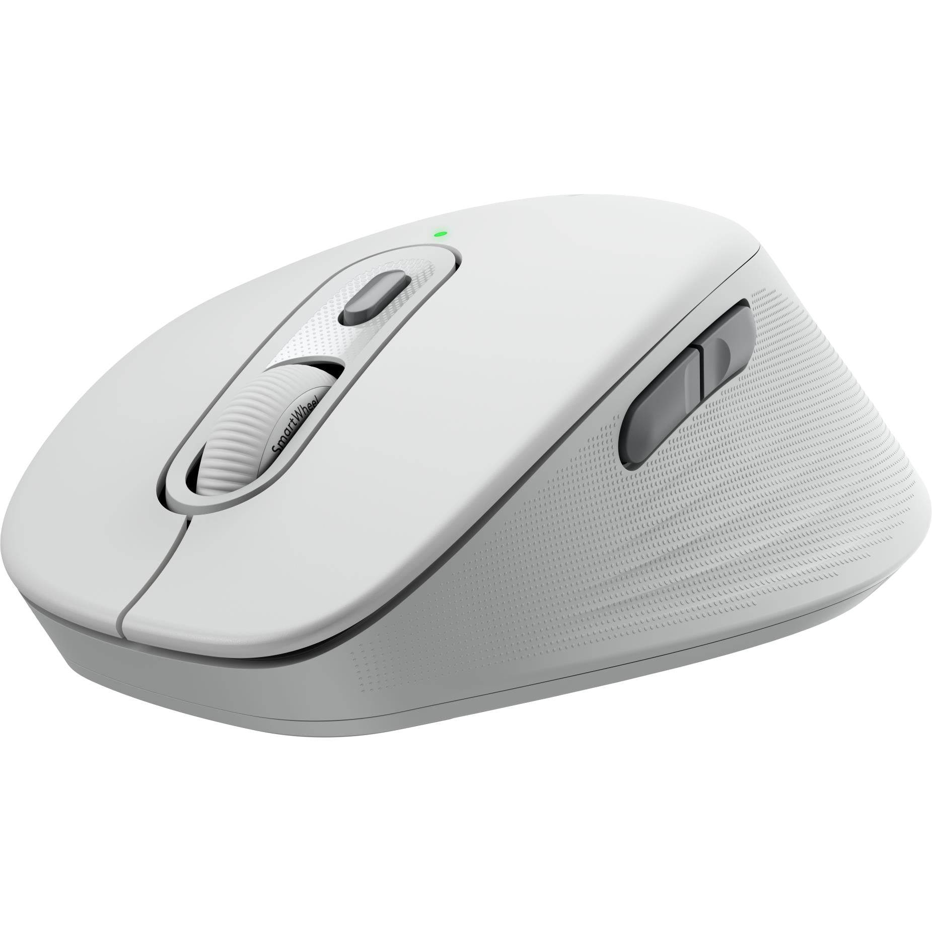 Off-white Logitech ergonomic wireless mouse, angled top view with dual side buttons