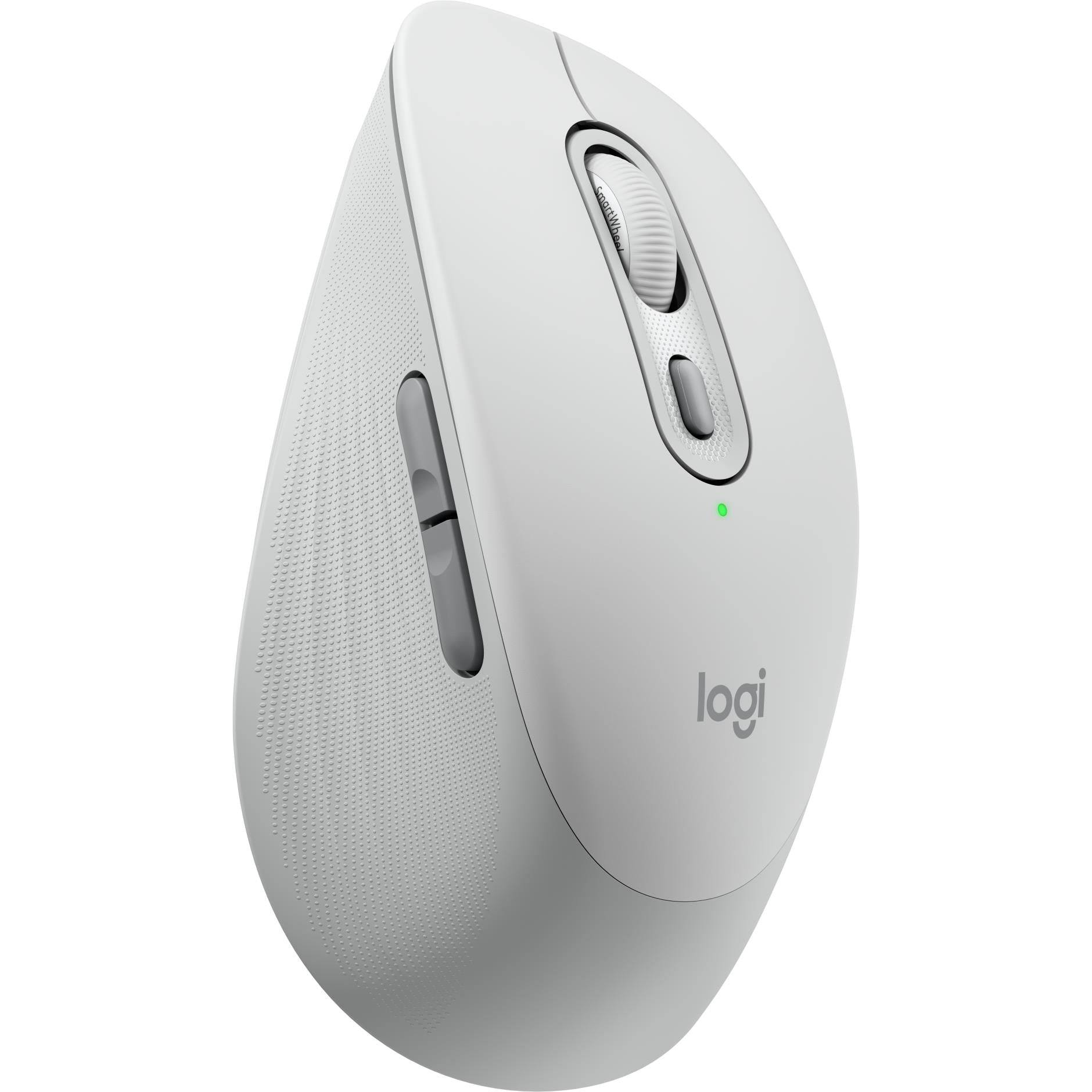Off-white Logitech ergonomic wireless mouse, side angle with textured grip and logo