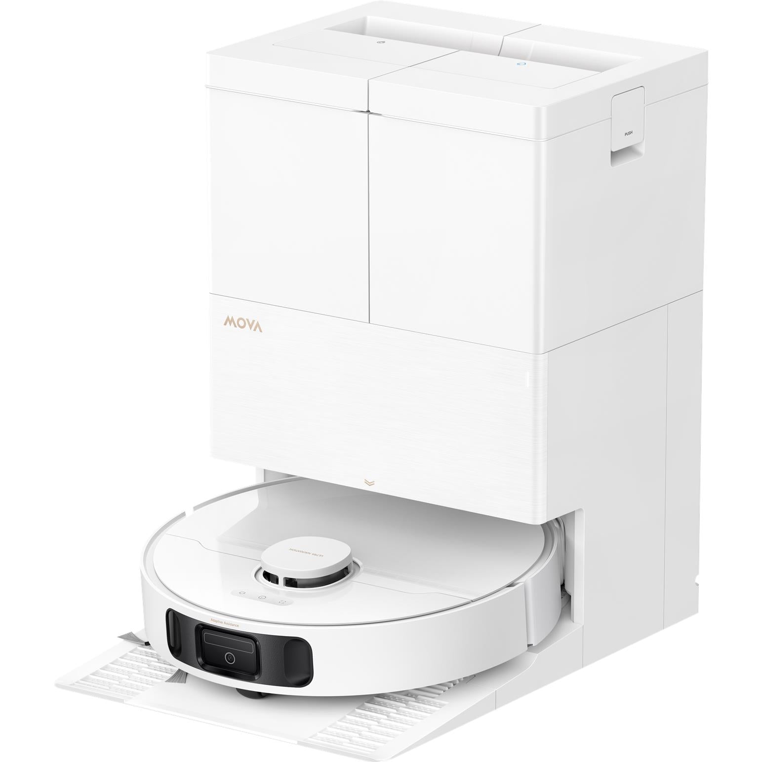 White robot vacuum docking station with dust bin opening