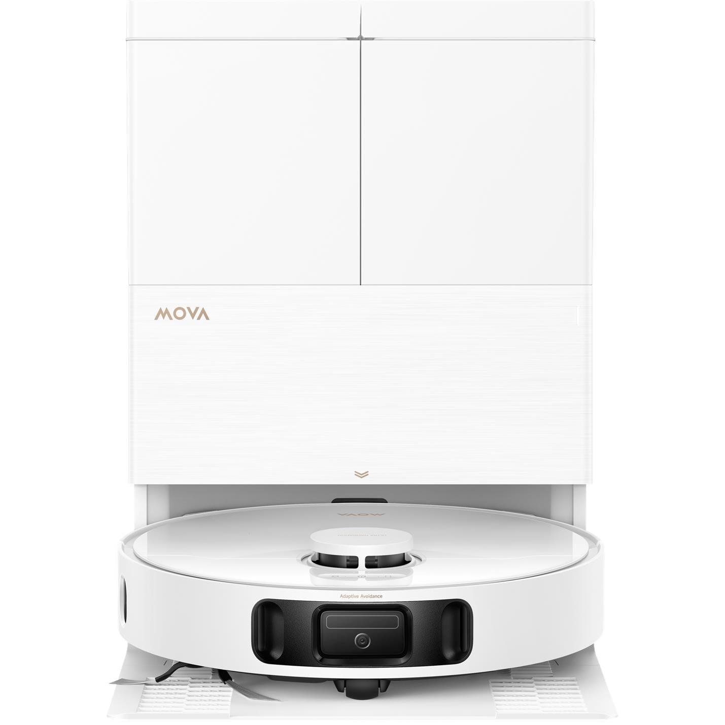 White robot vacuum with front panel and docking base