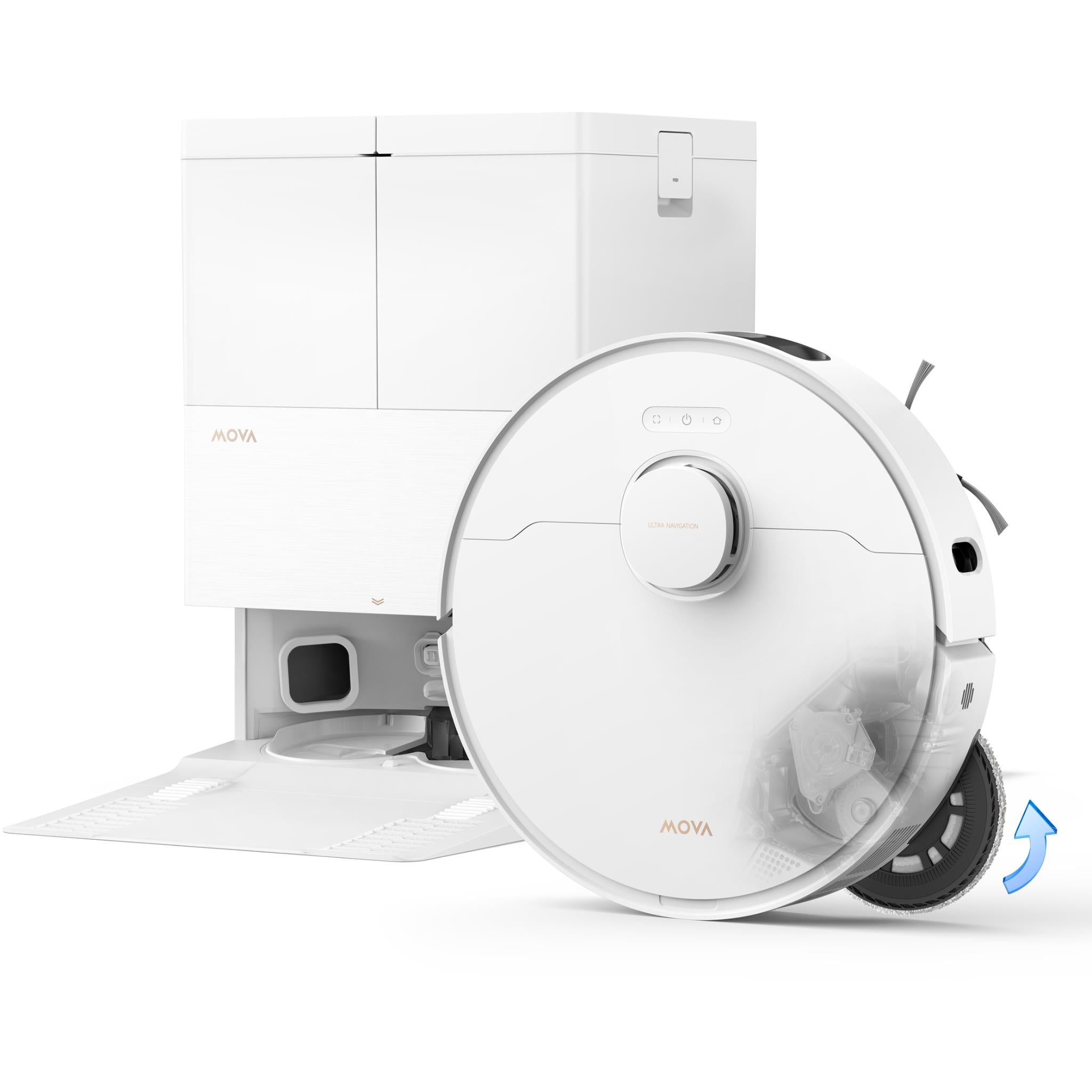 White robot vacuum extended from docking station