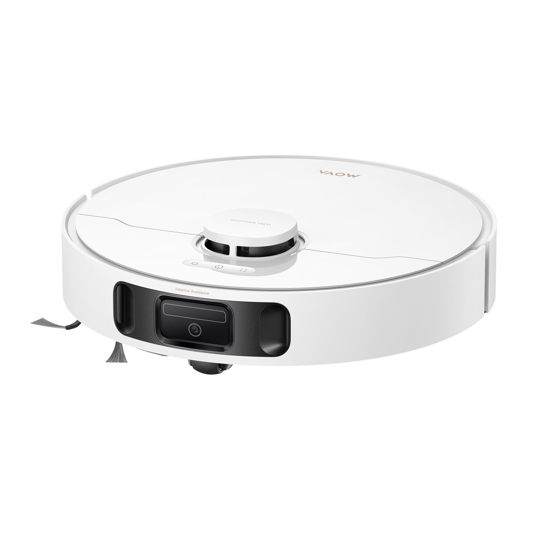 White robot vacuum cleaner with circular top and front sensors