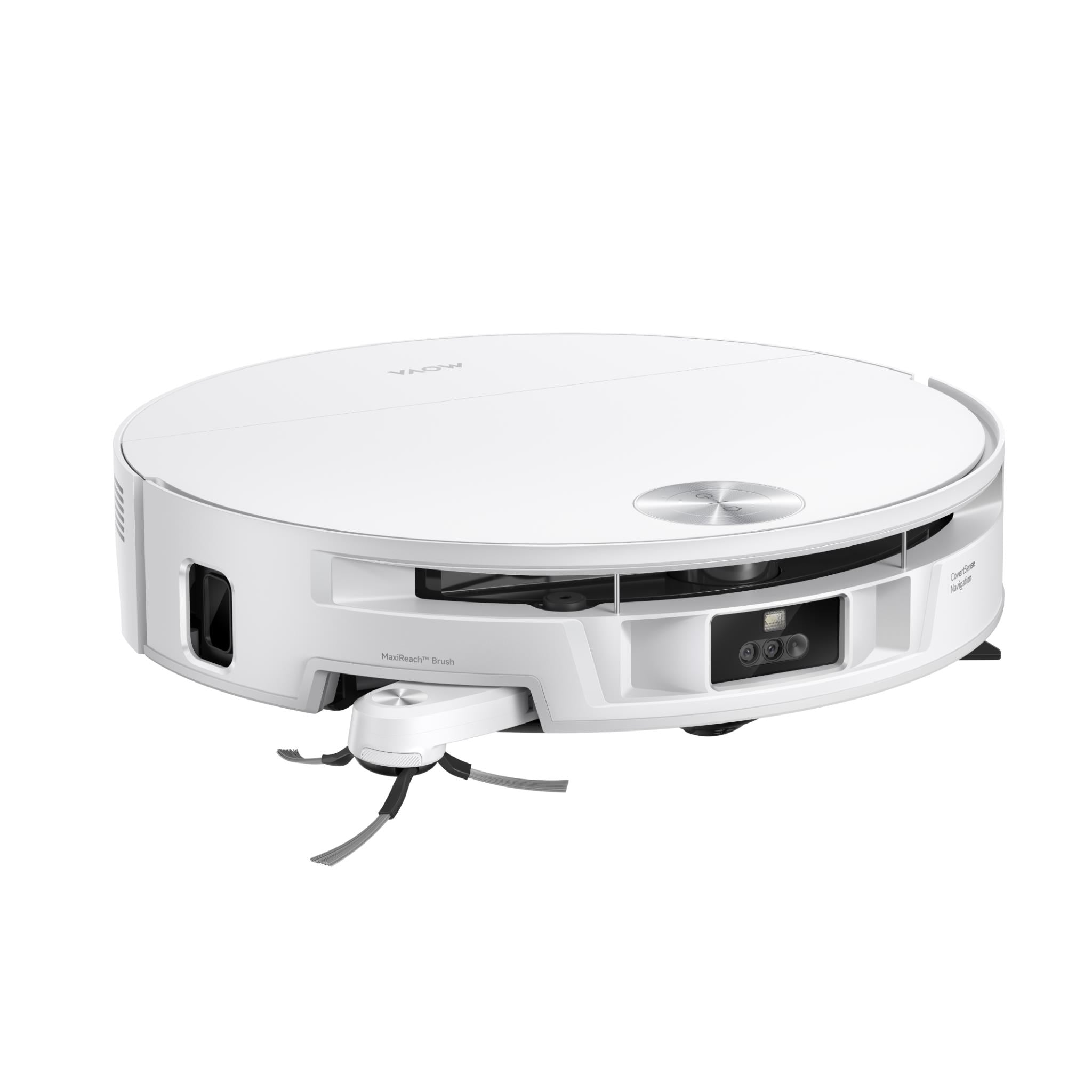 White wet and dry robot vacuum with front control panel and low-profile body