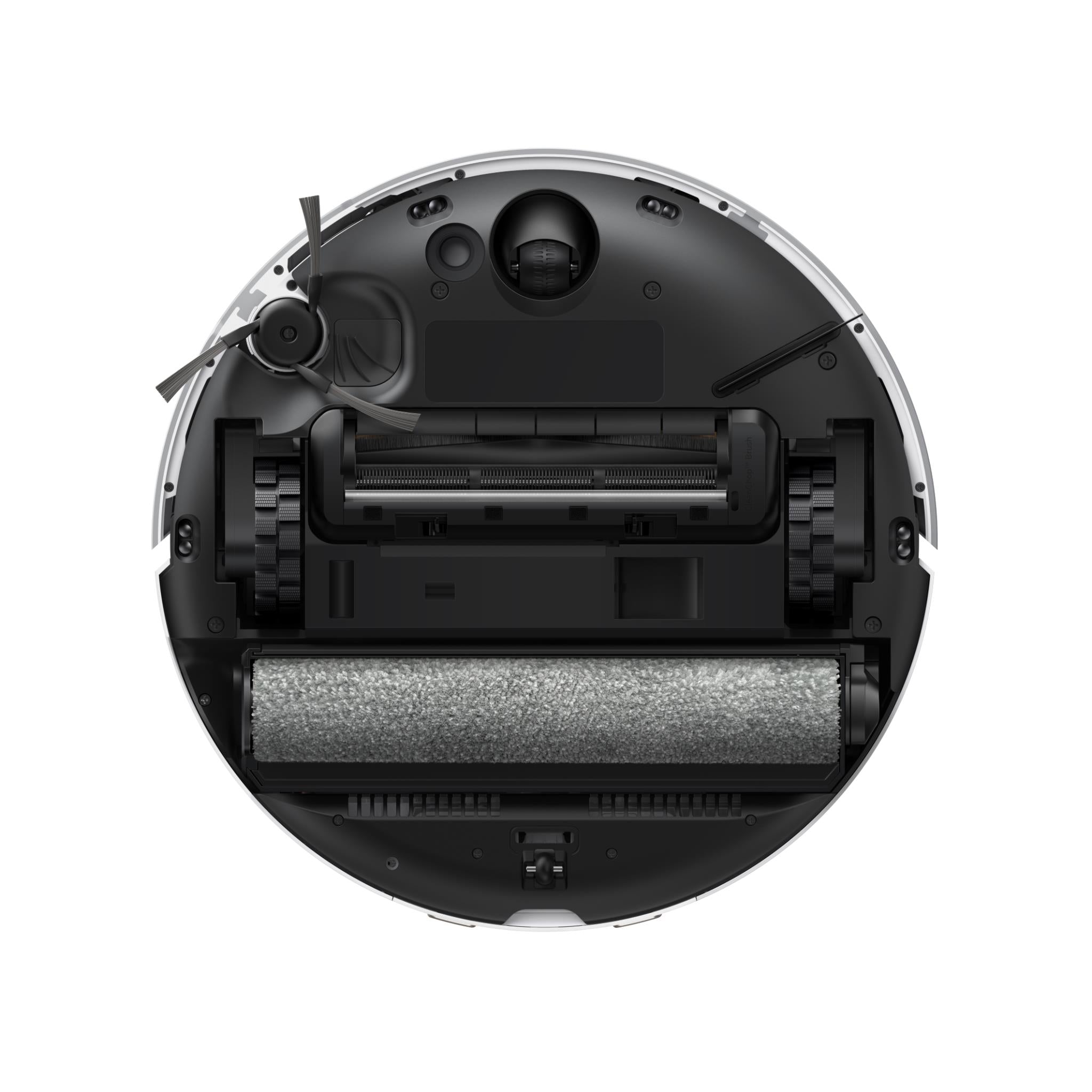 Bottom view of white wet and dry robot vacuum showing rotating brushes and tank area